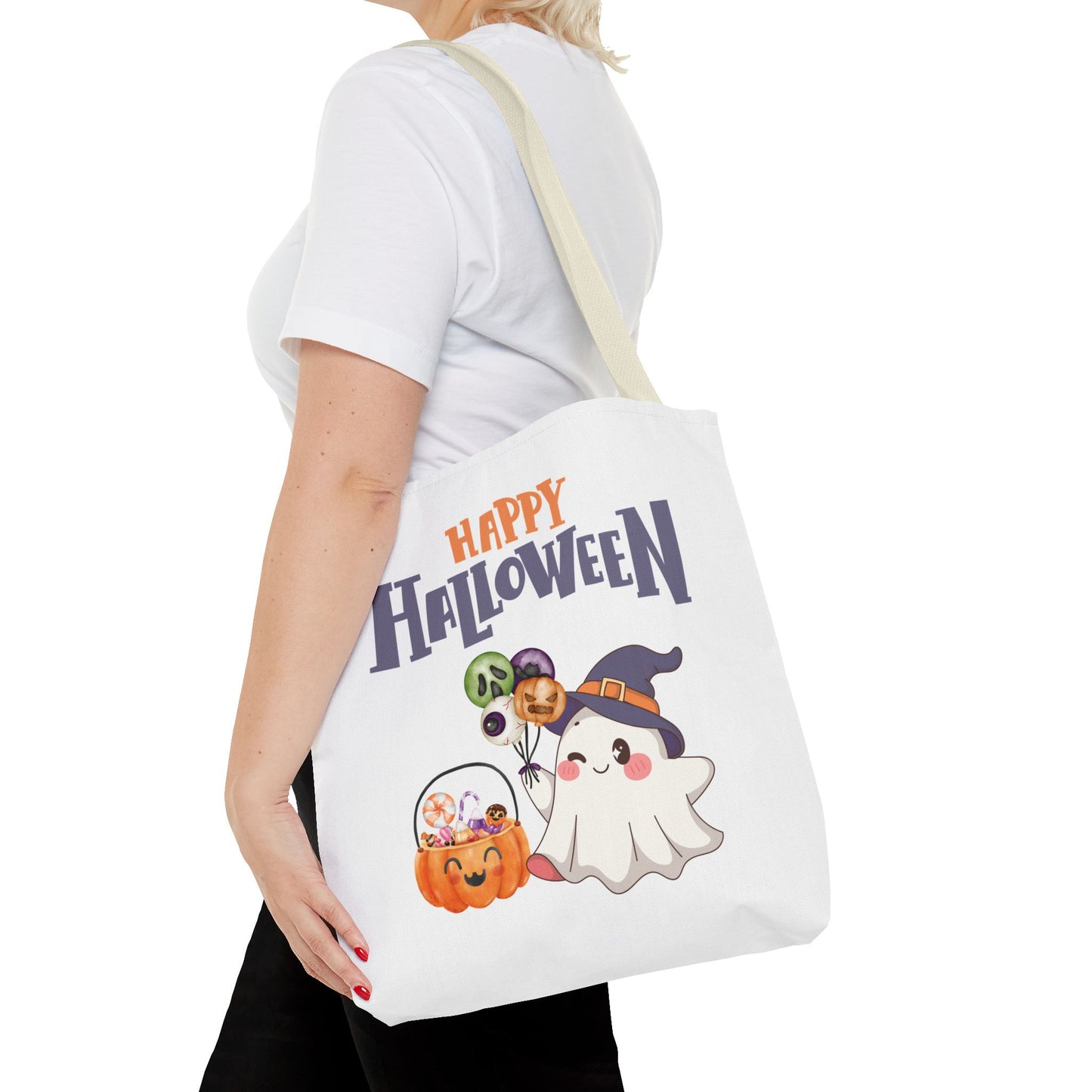 Halloween Ghost Tote Bag, Pumpkins Design, Reusable Shopping Bag, Fall Decor, Trick or Treat Bag, Spooky Gift - MundS Design Shop