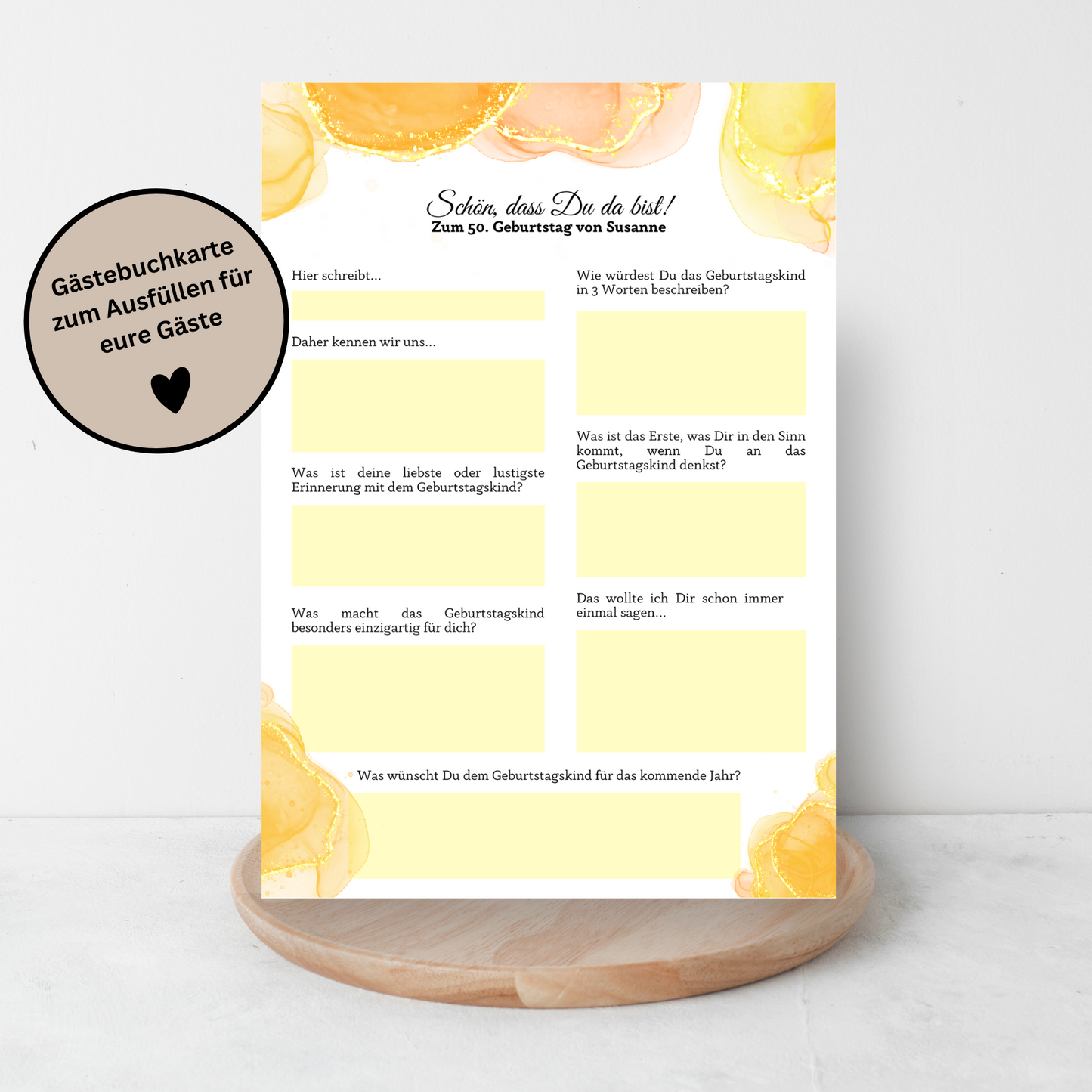 Gästebuchkarten gelb für den Geburtstag mit Fragen zum Ausfüllen / Spielideen / Andenken / Erinnerung - DIN A5 - MundS Design Shop