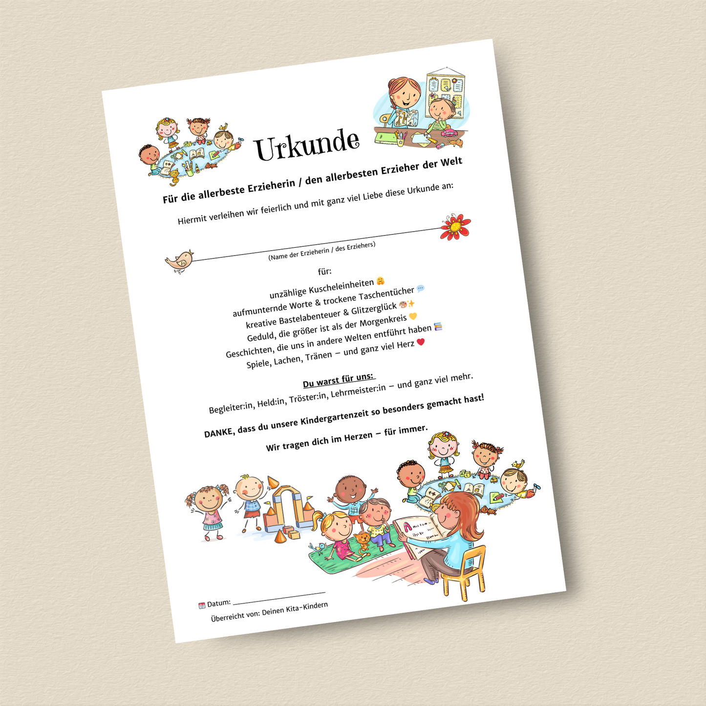 Niedliche Urkunde für Erzieher*innen – PDF zum Sofort-Download - MundS Design Shop