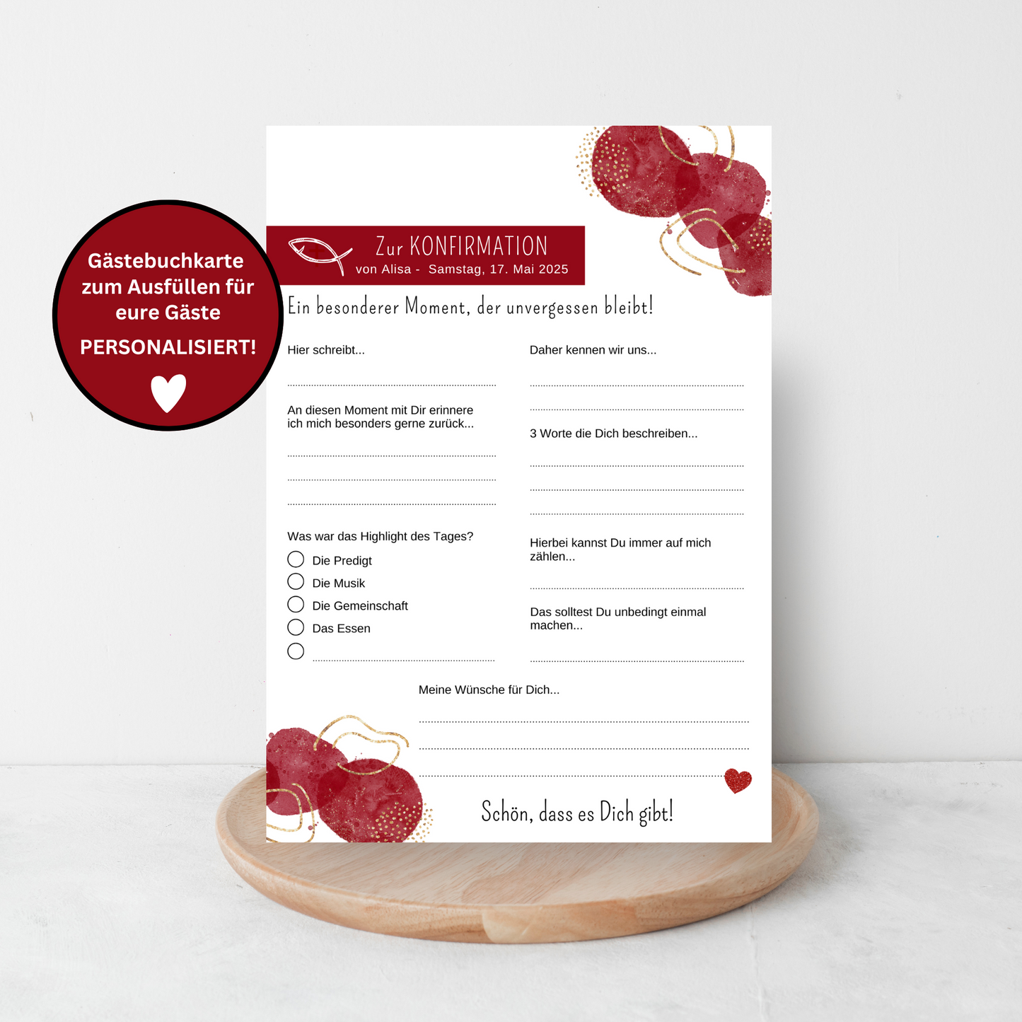 Personalisierte GĂ€stebuchkarten zur Konfirmation, Kommunion, Firmung, Jugendweihe oder Taufe - verschiedene Farben - MundS Design Shop