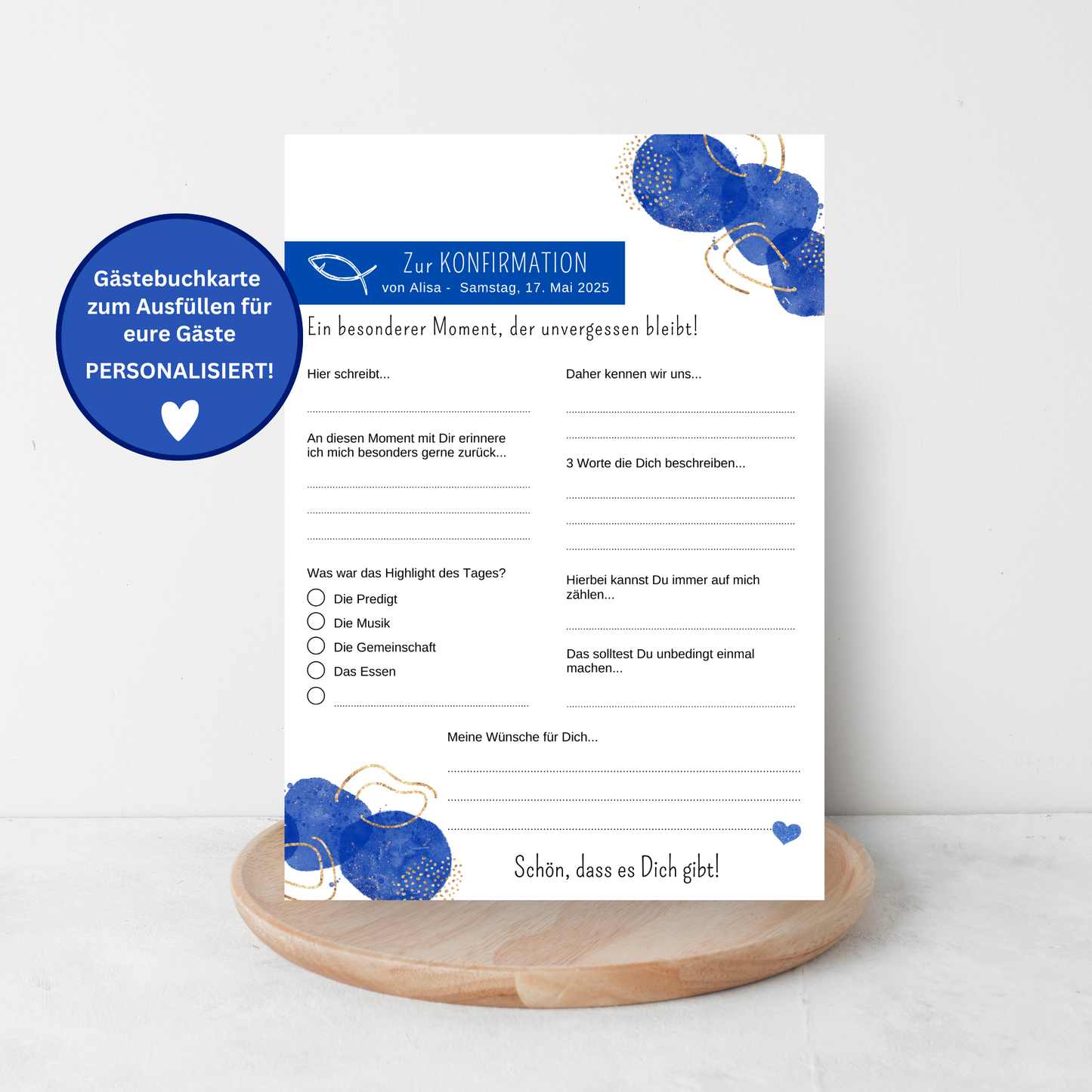 Personalisierte GĂ€stebuchkarten zur Konfirmation, Kommunion, Firmung, Jugendweihe oder Taufe - verschiedene Farben - MundS Design Shop