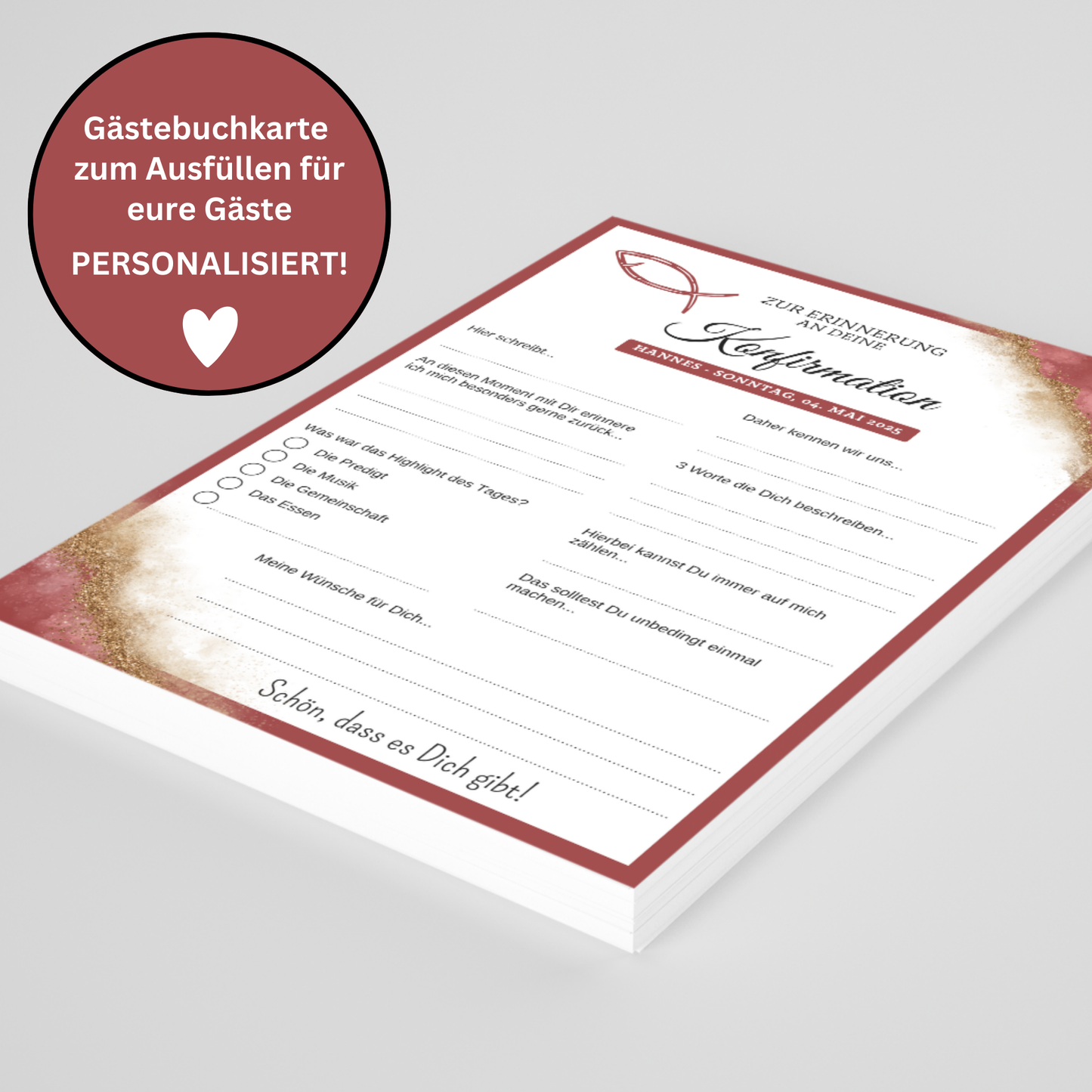Gästebuchkarten rot für die Konfirmation, Kommunion oder Jugendweihe als Andenken / Erinnerungen - A5 - MundS Design Shop