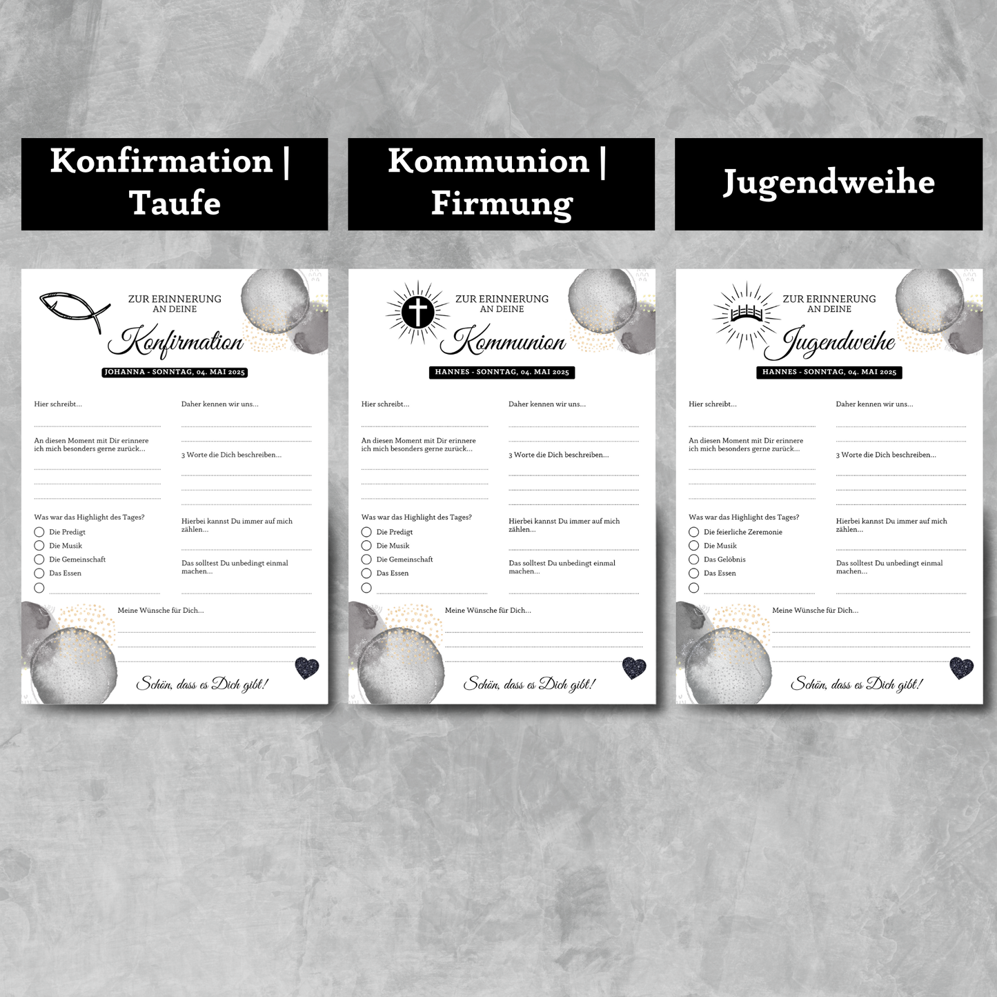 Gästebuchkarten edles schwarz für die Konfirmation, Kommunion oder Jugendweihe als Andenken / Erinnerungen - A5 - MundS Design Shop