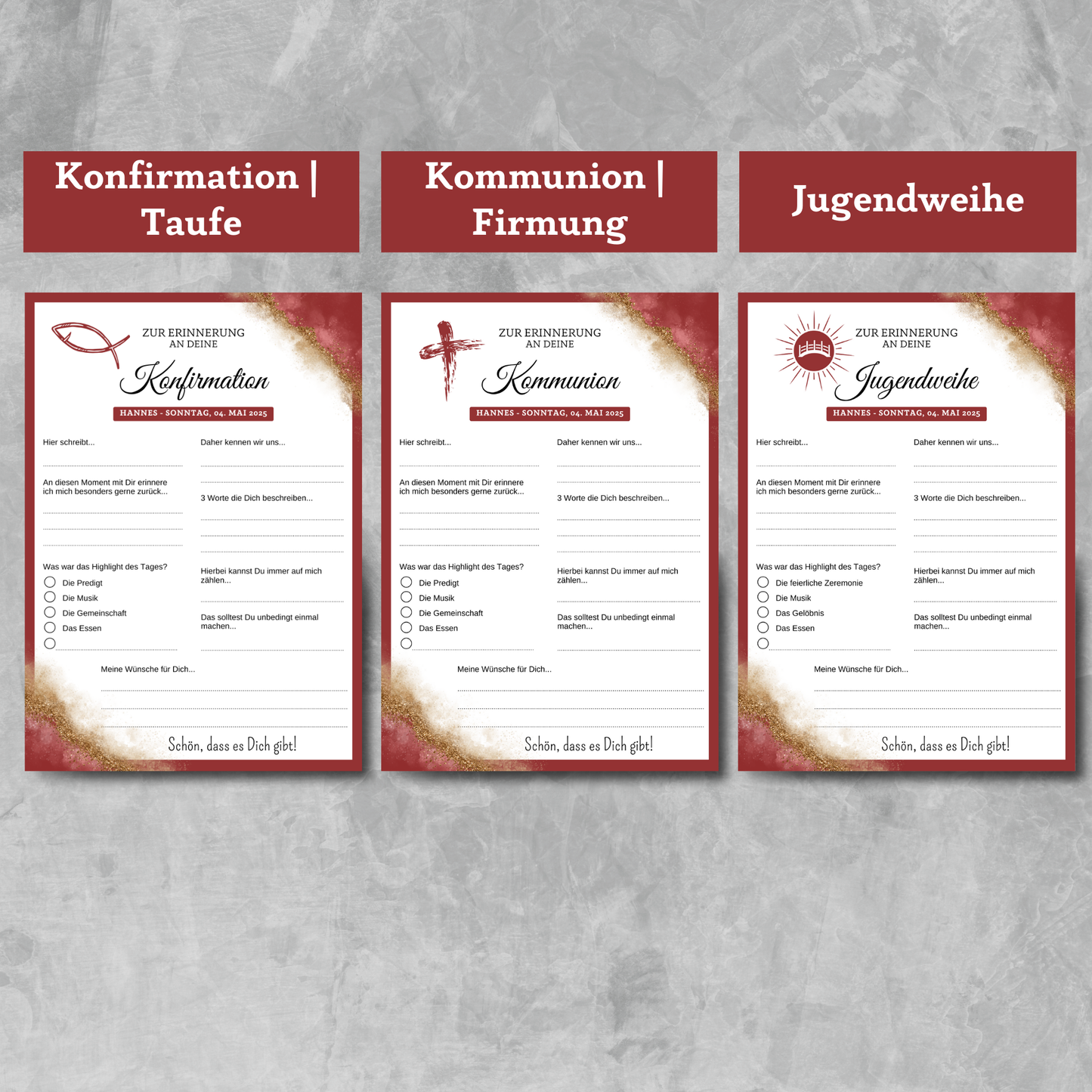 Gästebuchkarten rot für die Konfirmation, Kommunion oder Jugendweihe als Andenken / Erinnerungen - A5 - MundS Design Shop