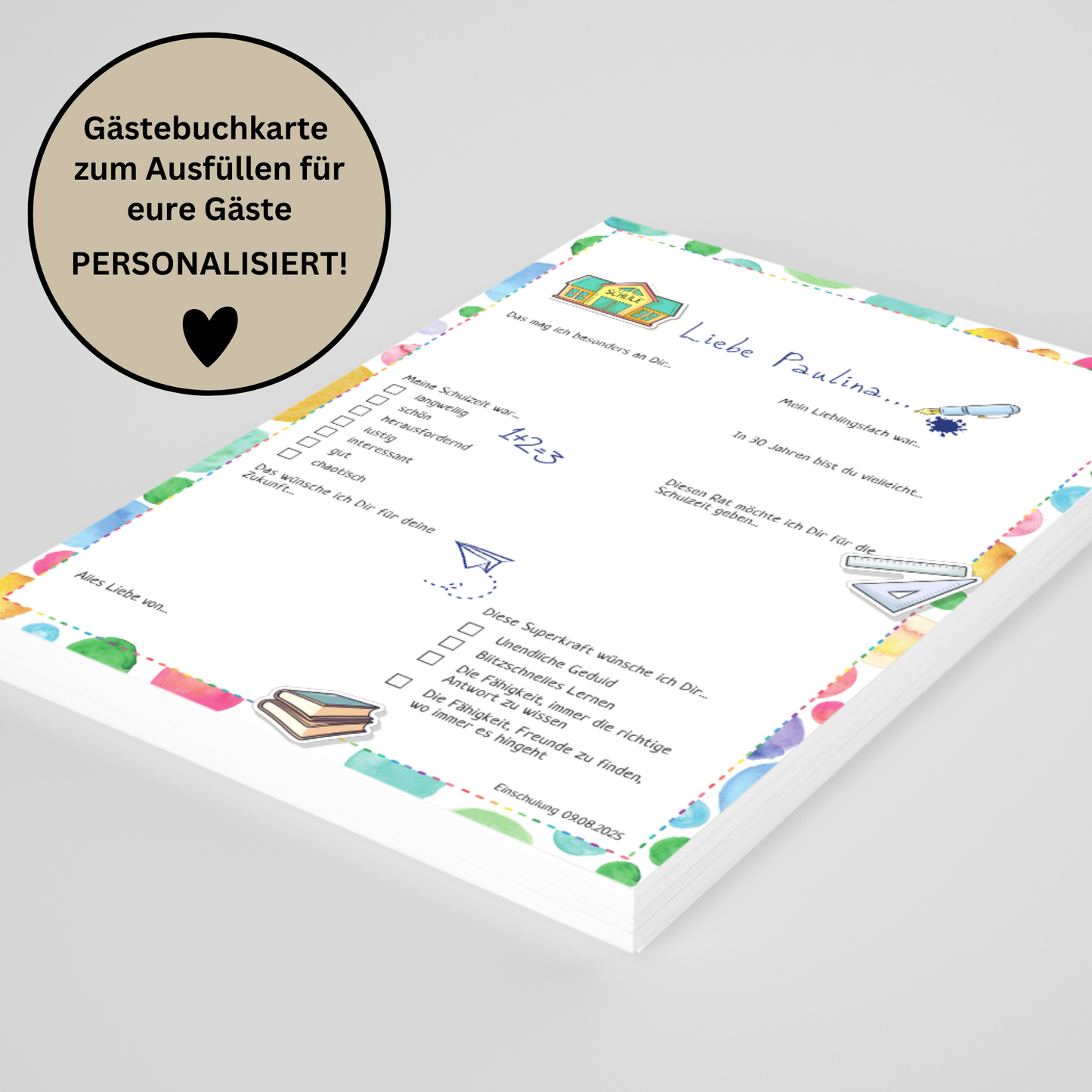 Ein einzigartiger Schulstart – festgehalten auf unserer bunten Gästebuchkarte zur Einschulung! - MundS Design Shop
