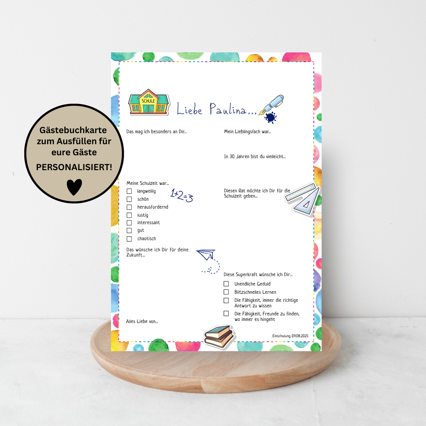 Ein einzigartiger Schulstart – festgehalten auf unserer bunten Gästebuchkarte zur Einschulung! - MundS Design Shop