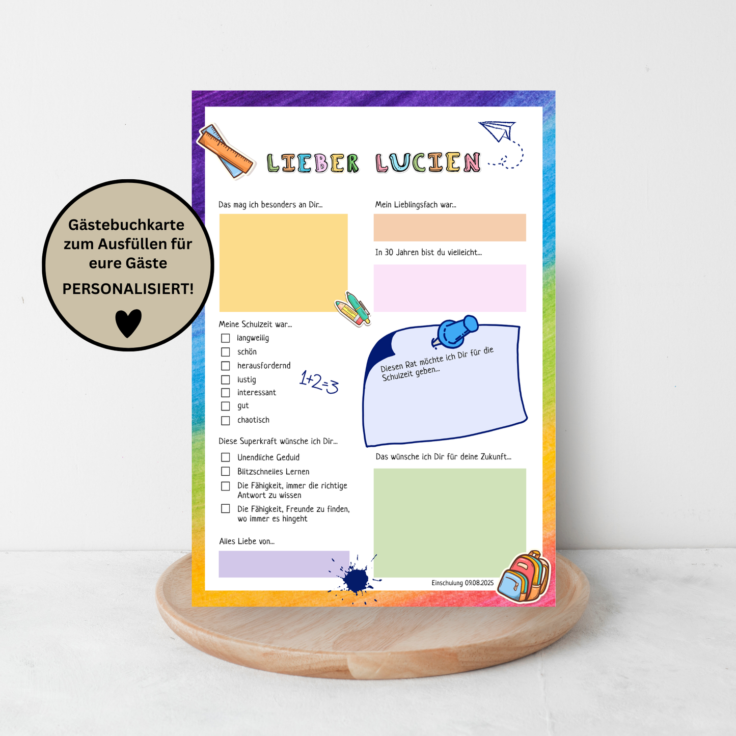 Personalisierte Gästebuchkarte Einschulung • Buntes Erinnerungsblatt für Schulanfang • Geschenk Kinder zur Einschulungsfeier • Andenken - MundS Design Shop