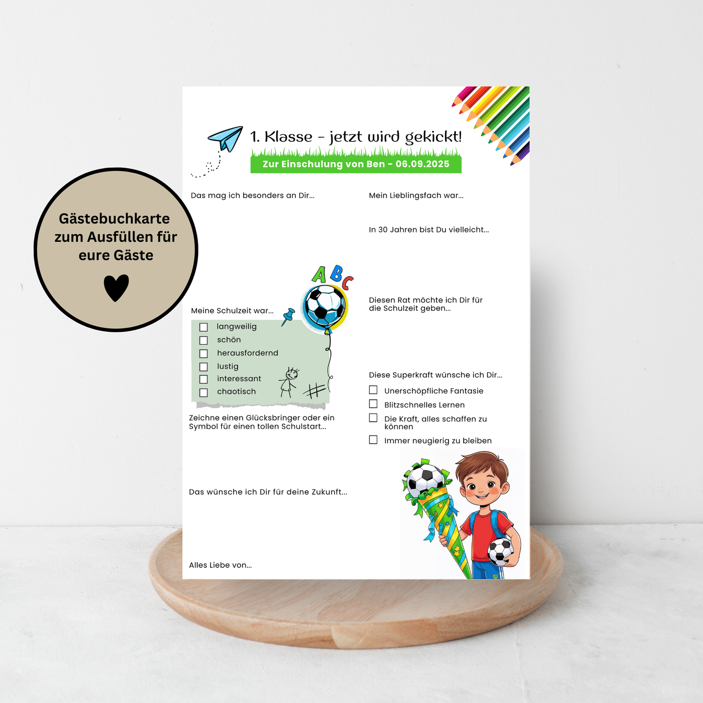 Gästebuchkarten Einschulung Junge • Fußball Motiv • Schulkind Erinnerungen • Ausfüllkarten Gäste • 1. Klasse • DIN A5 • 200g/300g Papier - MundS Design Shop