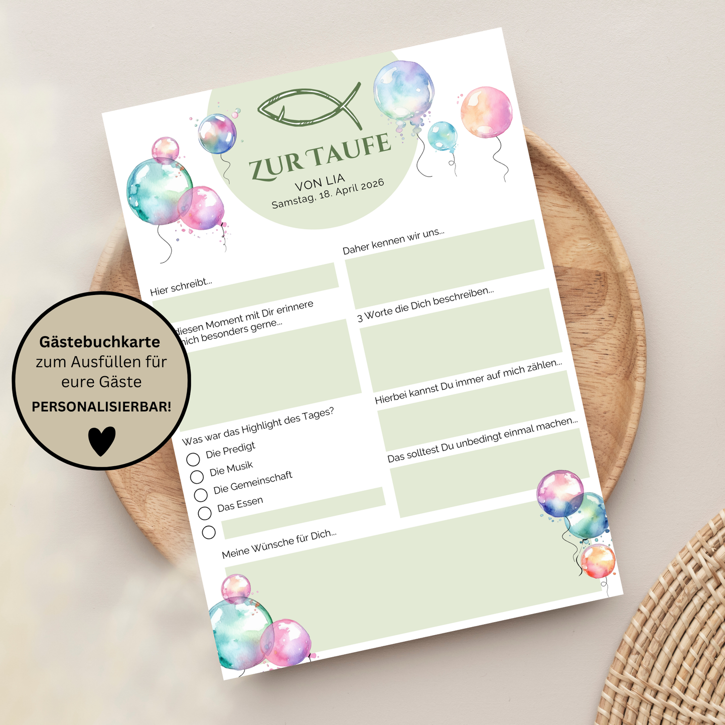 Personalisierte Gästebuchkarten zur Taufe | Mit Name & Taufdatum | Erinnerungskarten für die Tauffeier | Individuelle Deko und Geschenkidee - MundS Design Shop