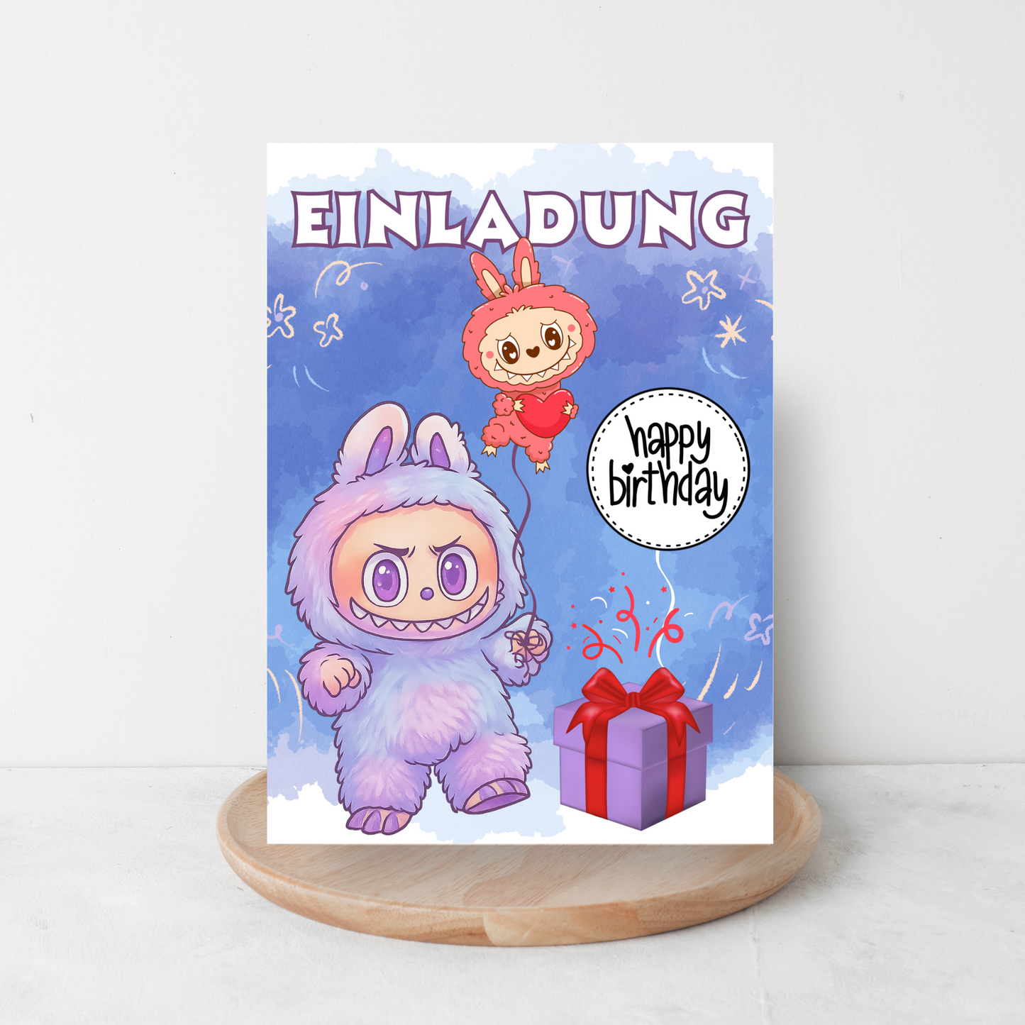 Einladungskarten Kindergeburtstag Labubu Design A5 | süße beidseitig bedruckte Karten auf 300g Papier | Party Einladungen Kinder - MundS Design Shop