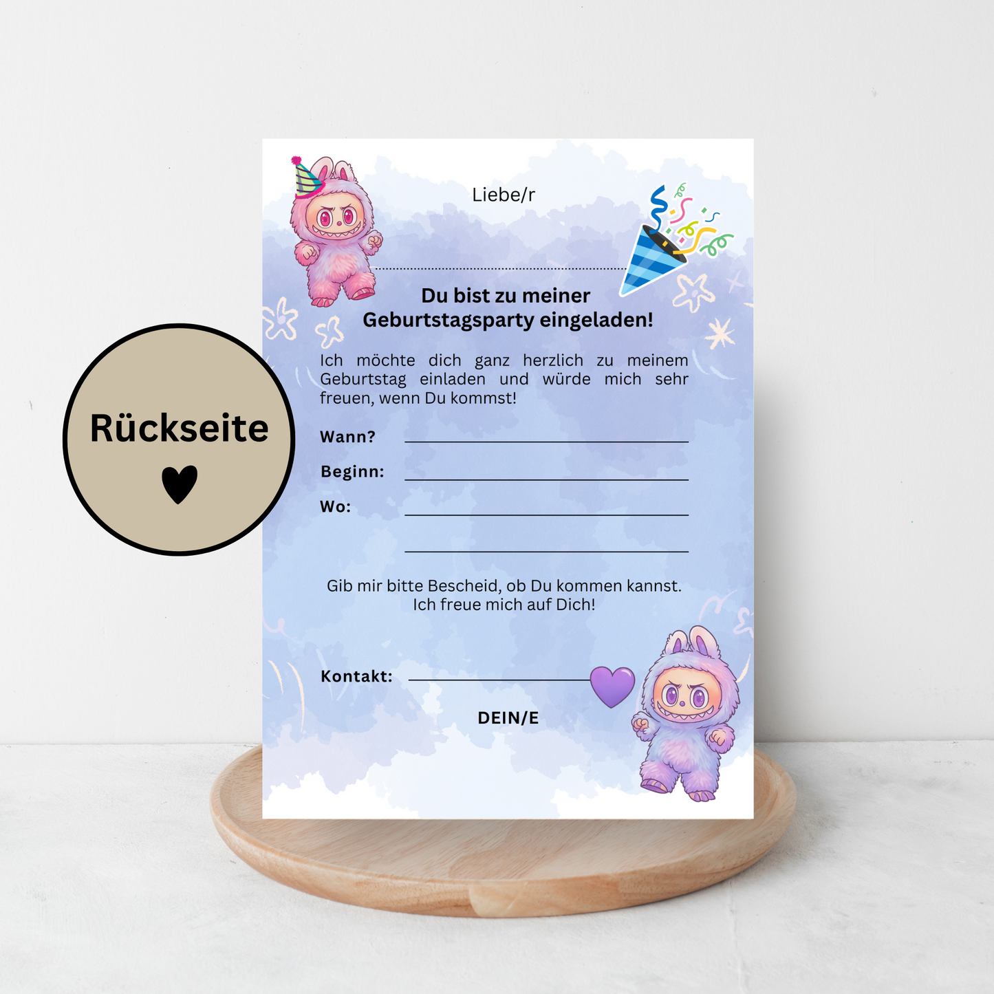 Einladungskarten Kindergeburtstag Labubu Design A5 | süße beidseitig bedruckte Karten auf 300g Papier | Party Einladungen Kinder - MundS Design Shop