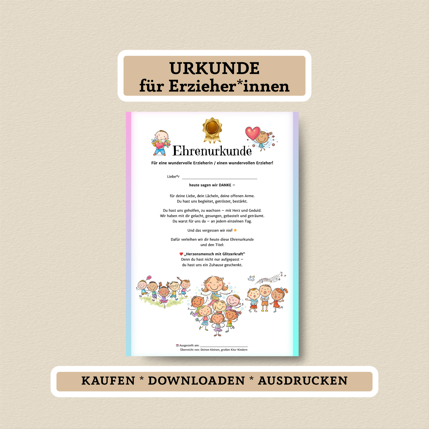 Ehrenurkunde für Erzieher*innen – PDF zum Sofort-Download - MundS Design Shop