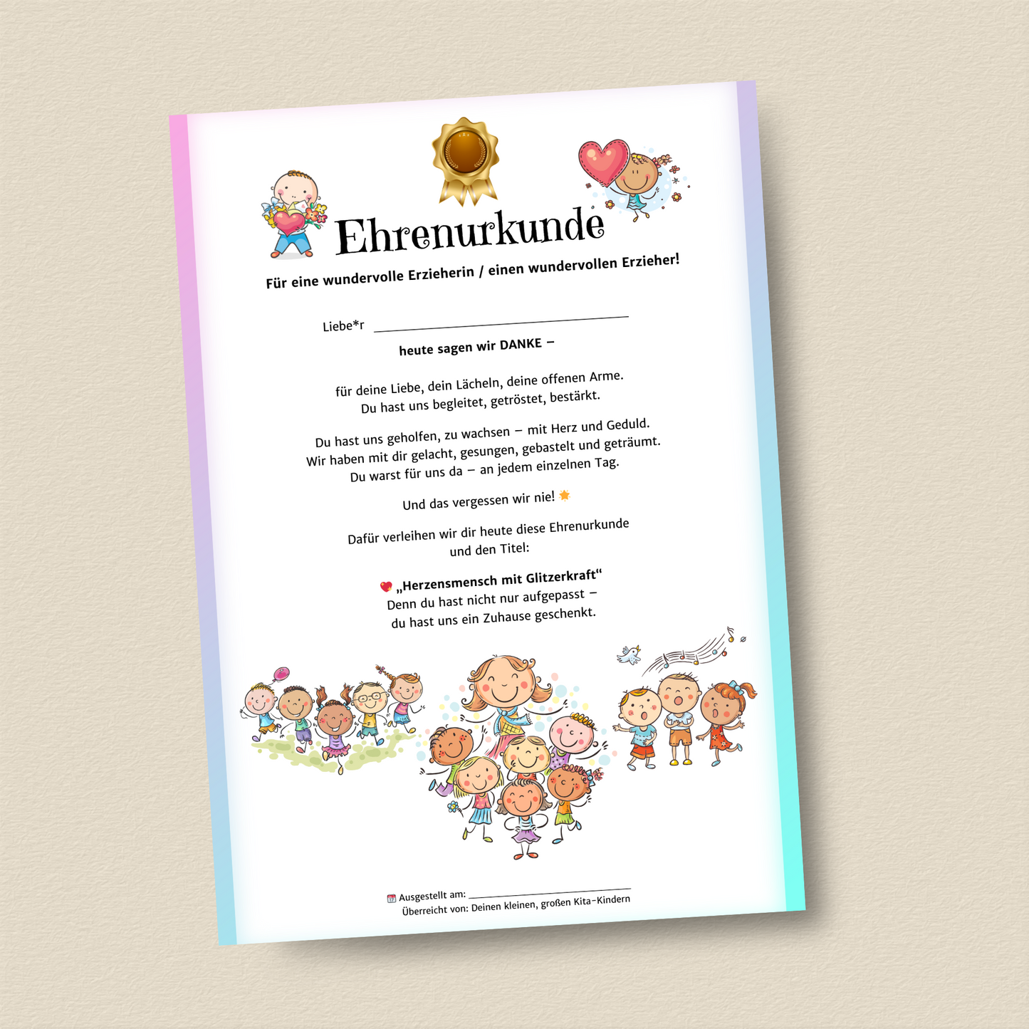 Ehrenurkunde für Erzieher*innen – PDF zum Sofort-Download - MundS Design Shop