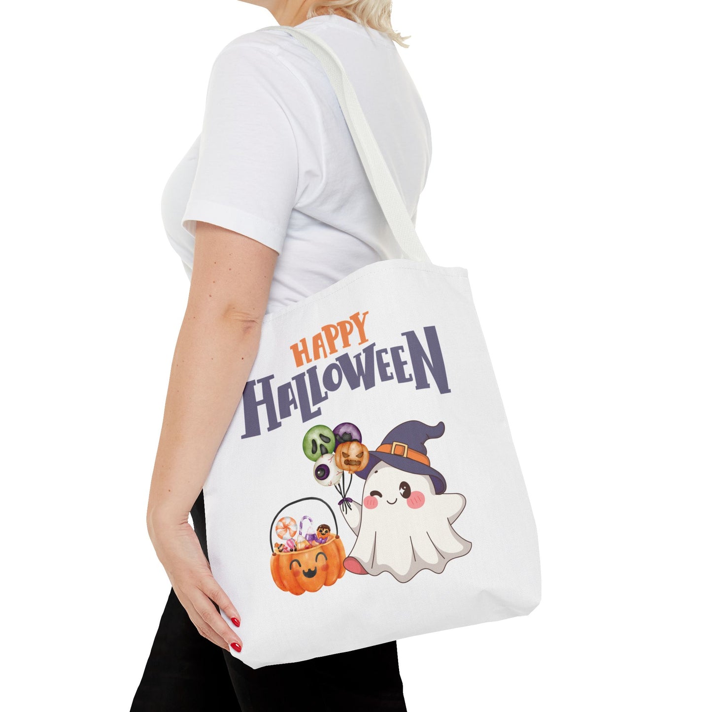 Halloween Ghost Tote Bag, Pumpkins Design, Reusable Shopping Bag, Fall Decor, Trick or Treat Bag, Spooky Gift - MundS Design Shop