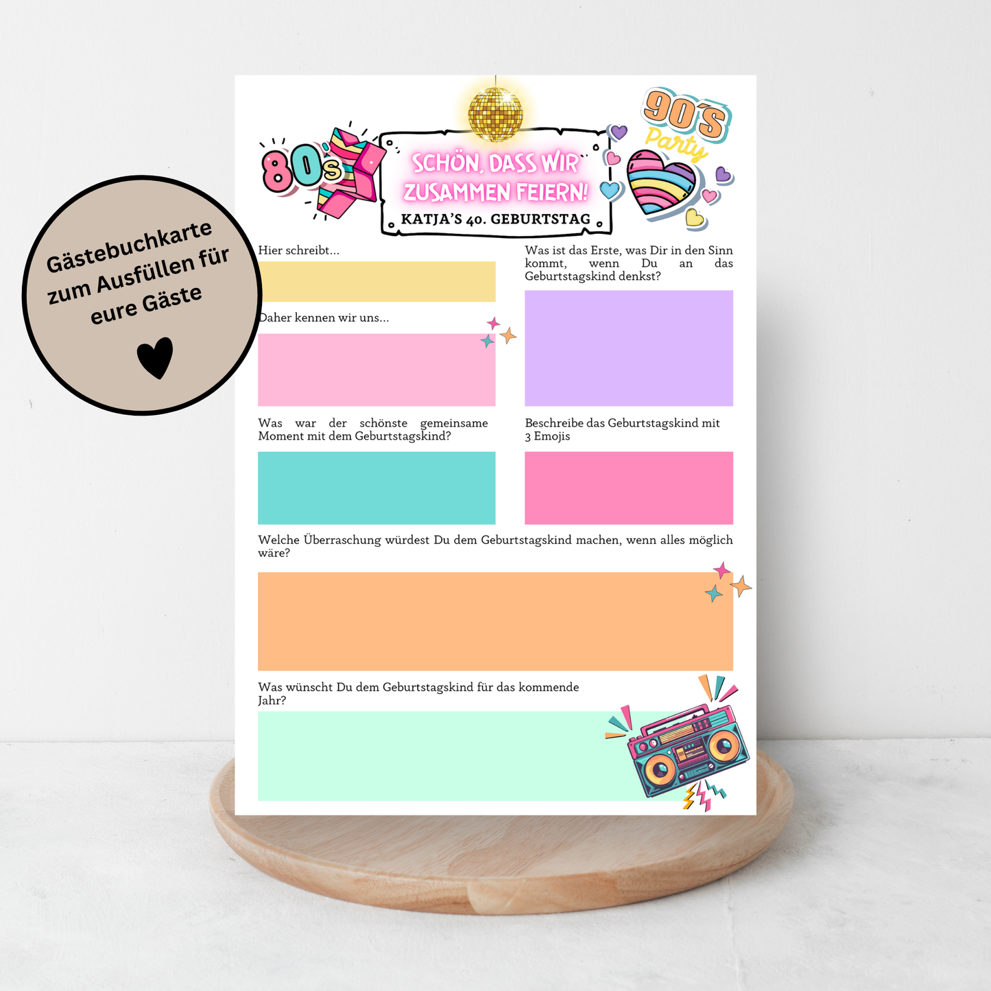 Gästebuchkarten 80s & 90s für den Geburtstag mit Fragen zum Ausfüllen / Partyspiel / Erinnerungen - MundS Design Shop