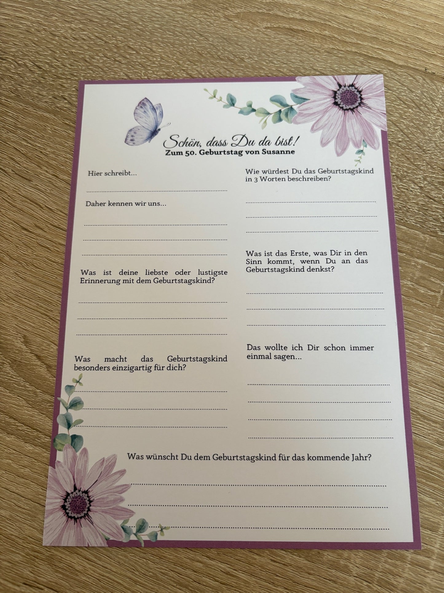 Gästebuchkarten für den Geburtstag Blume personalisierbar - MundS Design Shop