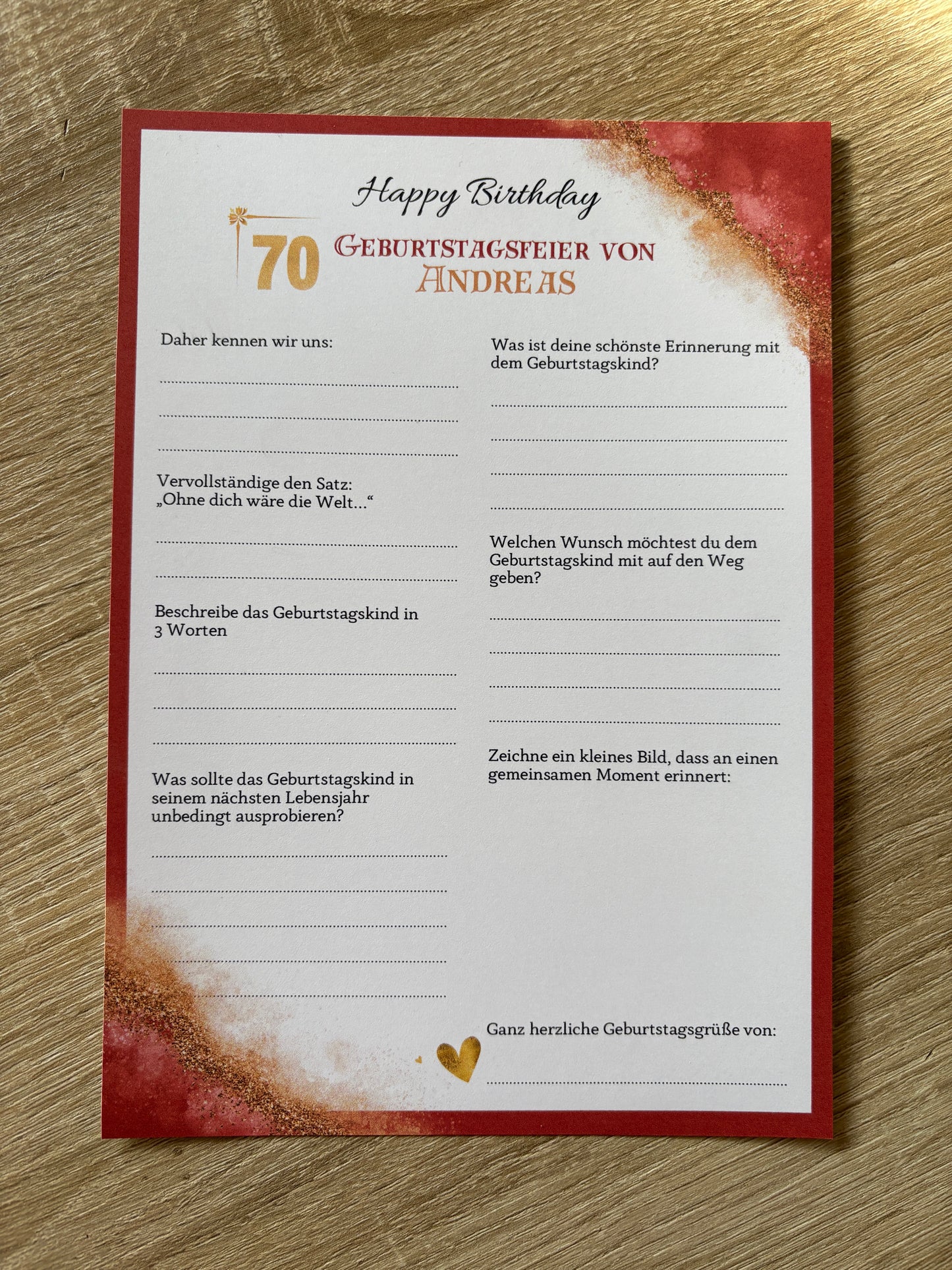 Gästebuchkarten für den Geburtstag in rot/gold - MundS Design Shop