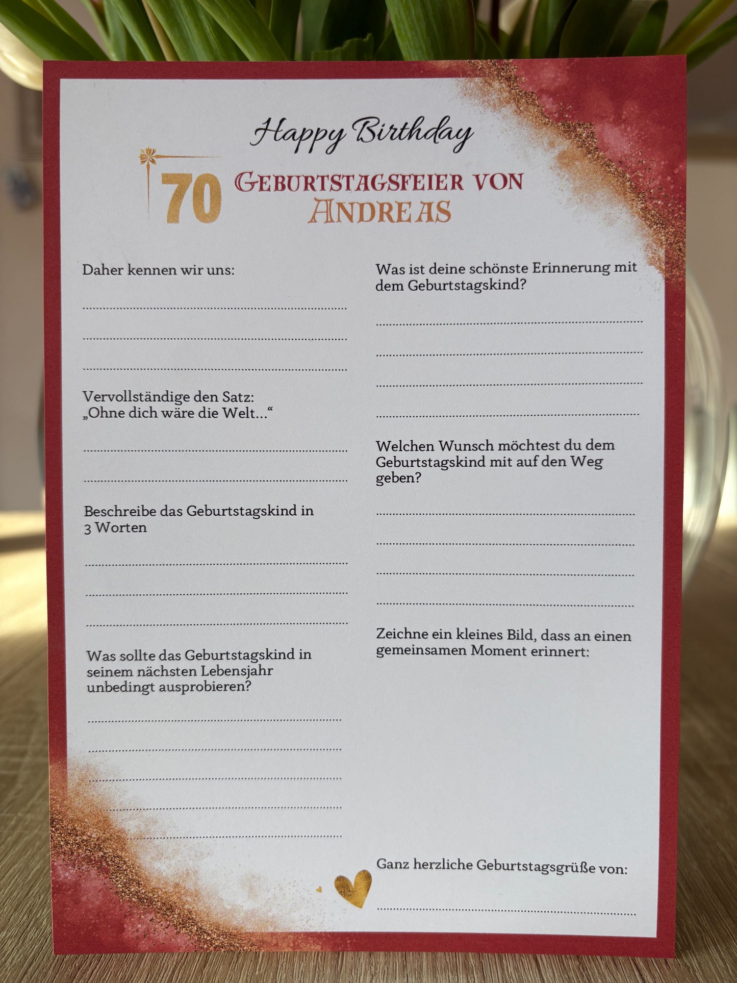 Gästebuchkarten für den Geburtstag in rot/gold - MundS Design Shop