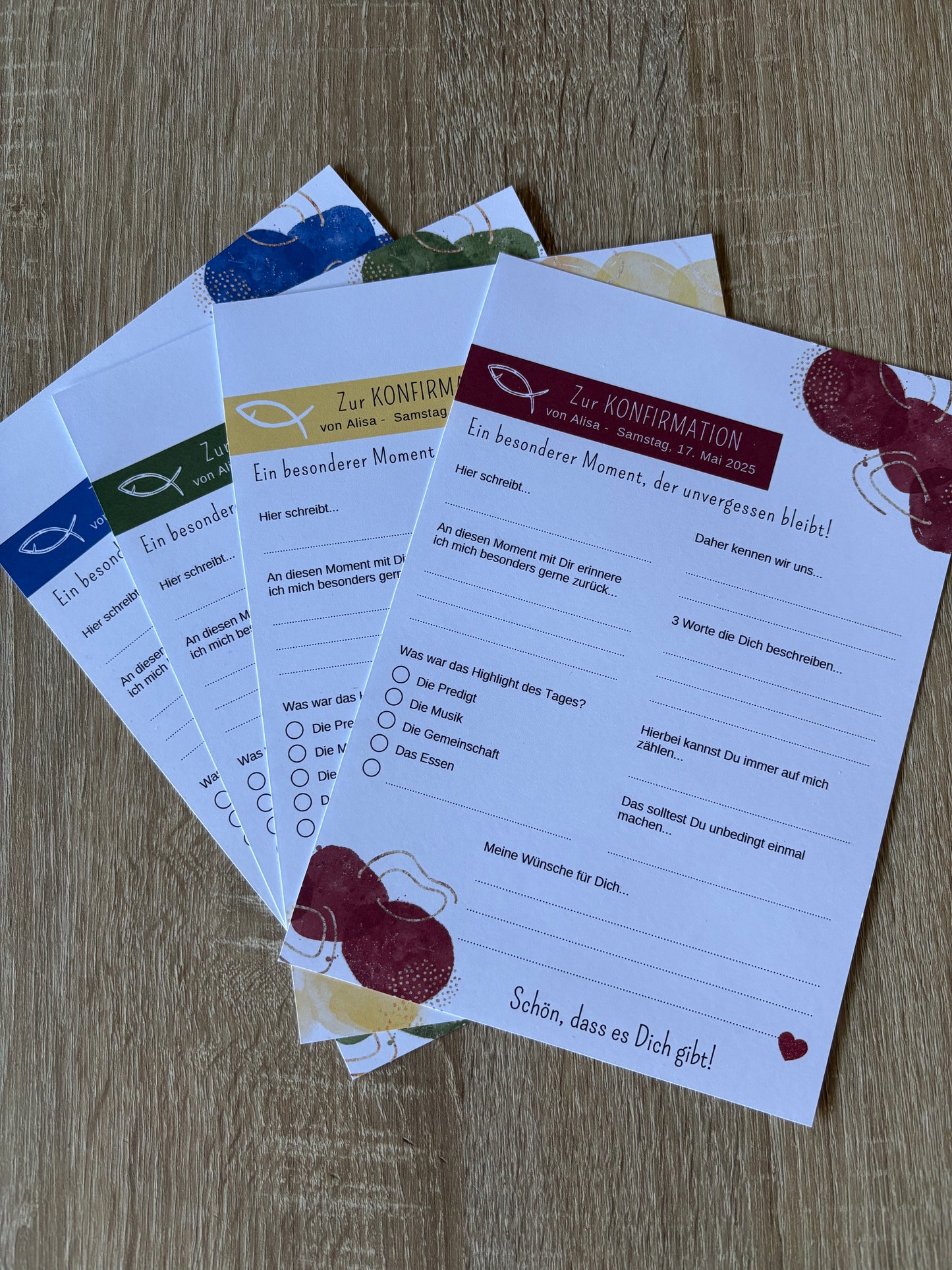 Personalisierte GĂ€stebuchkarten zur Konfirmation, Kommunion, Firmung, Jugendweihe oder Taufe - verschiedene Farben - MundS Design Shop