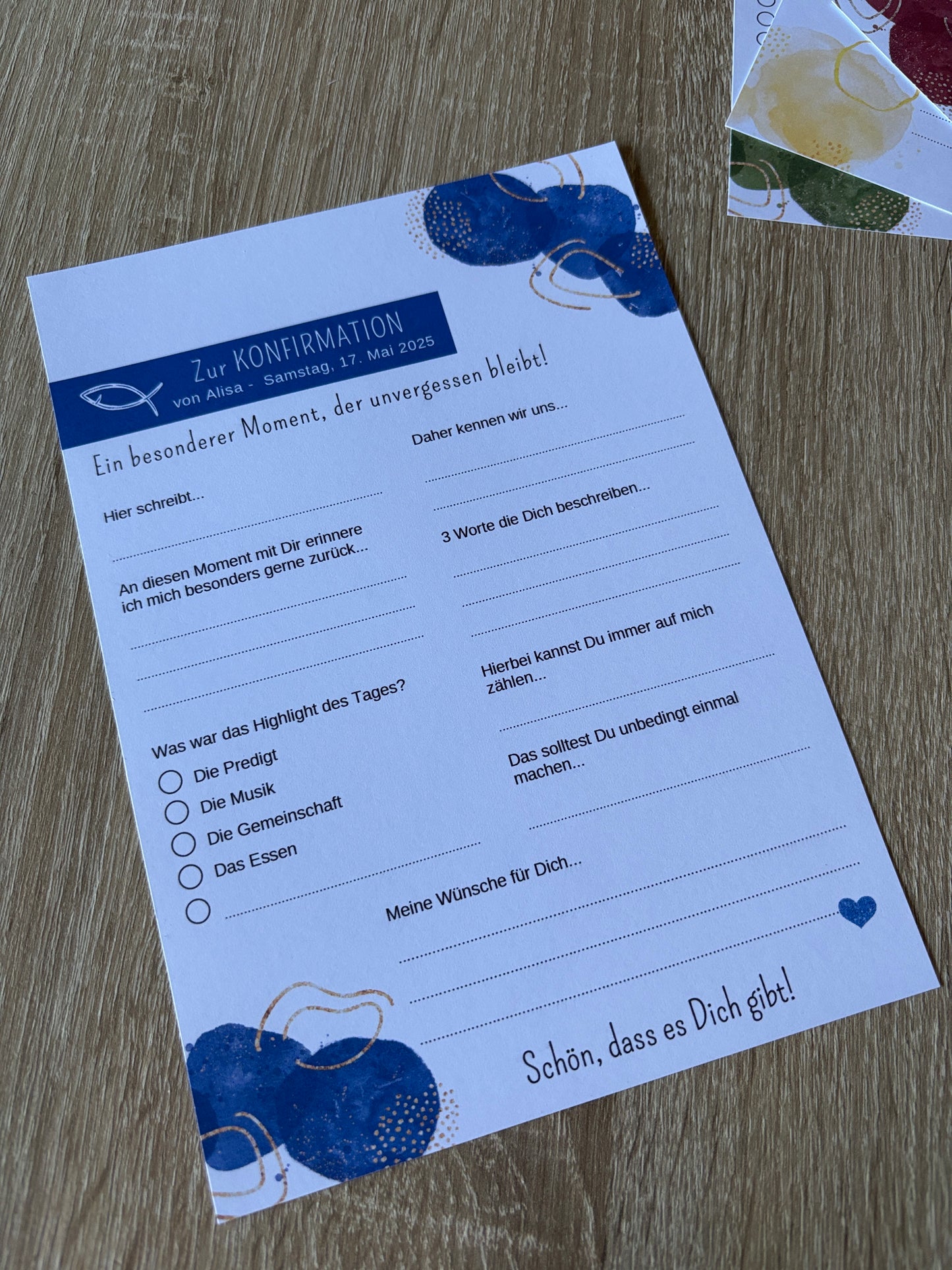 Personalisierte GĂ€stebuchkarten zur Konfirmation, Kommunion, Firmung, Jugendweihe oder Taufe - verschiedene Farben - MundS Design Shop