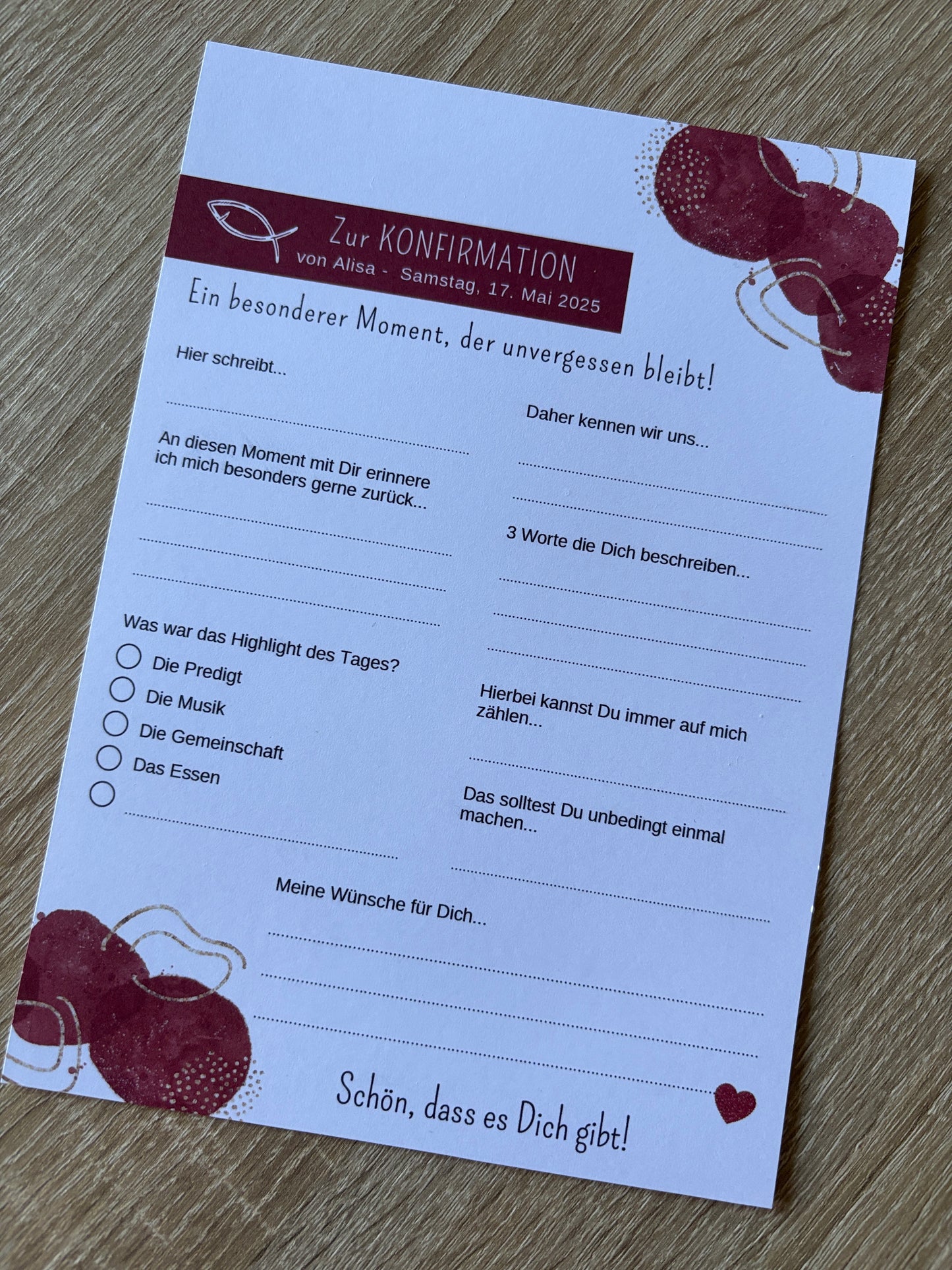 Personalisierte GĂ€stebuchkarten zur Konfirmation, Kommunion, Firmung, Jugendweihe oder Taufe - verschiedene Farben - MundS Design Shop