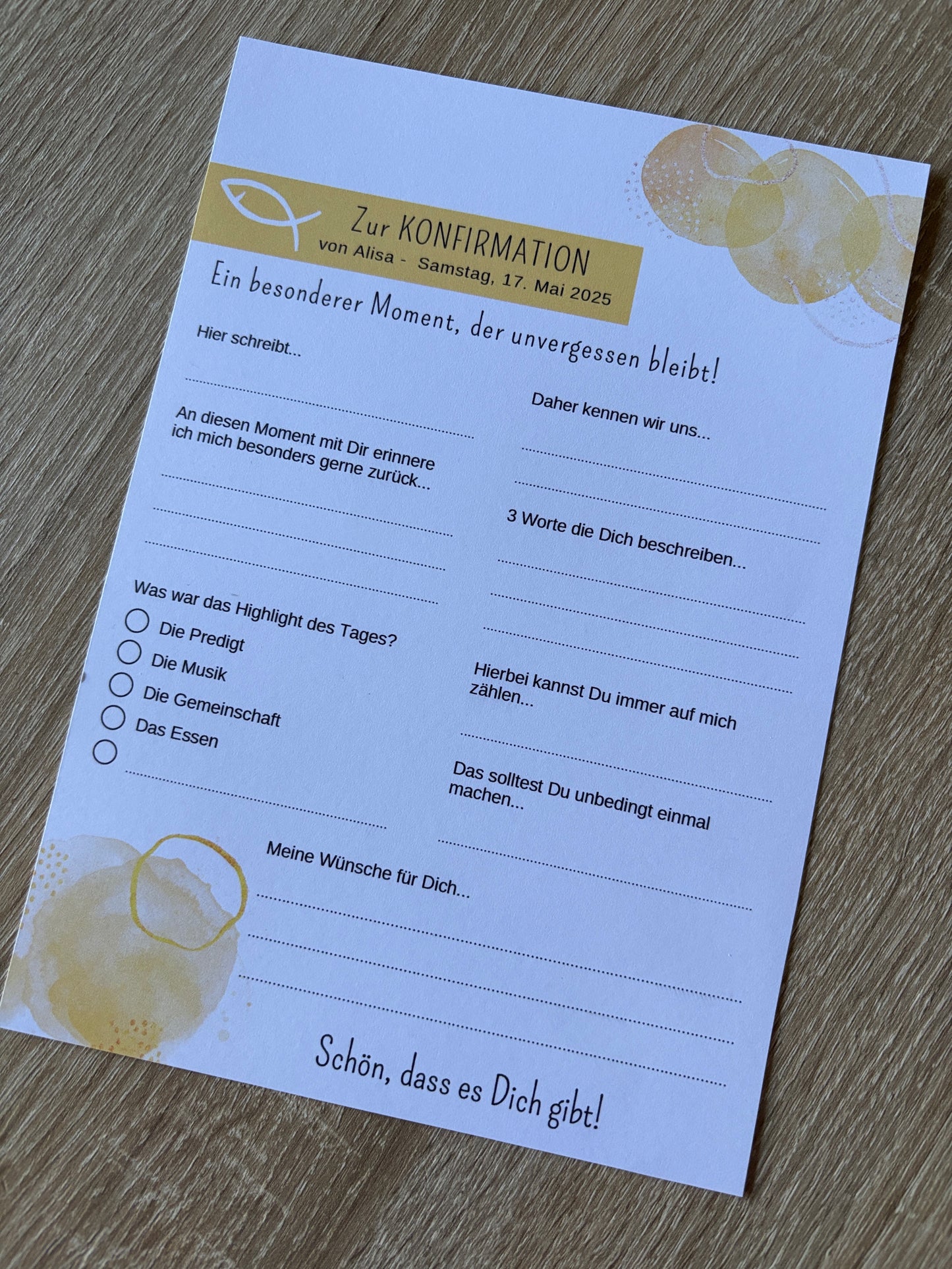 Personalisierte GĂ€stebuchkarten zur Konfirmation, Kommunion, Firmung, Jugendweihe oder Taufe - verschiedene Farben - MundS Design Shop