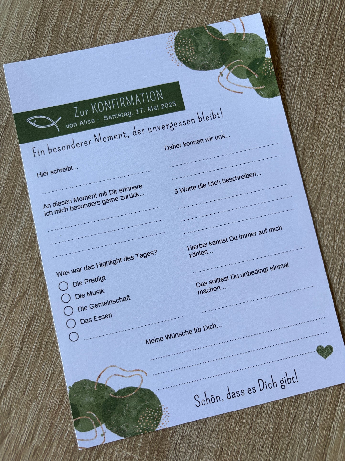 Personalisierte GĂ€stebuchkarten zur Konfirmation, Kommunion, Firmung, Jugendweihe oder Taufe - verschiedene Farben - MundS Design Shop