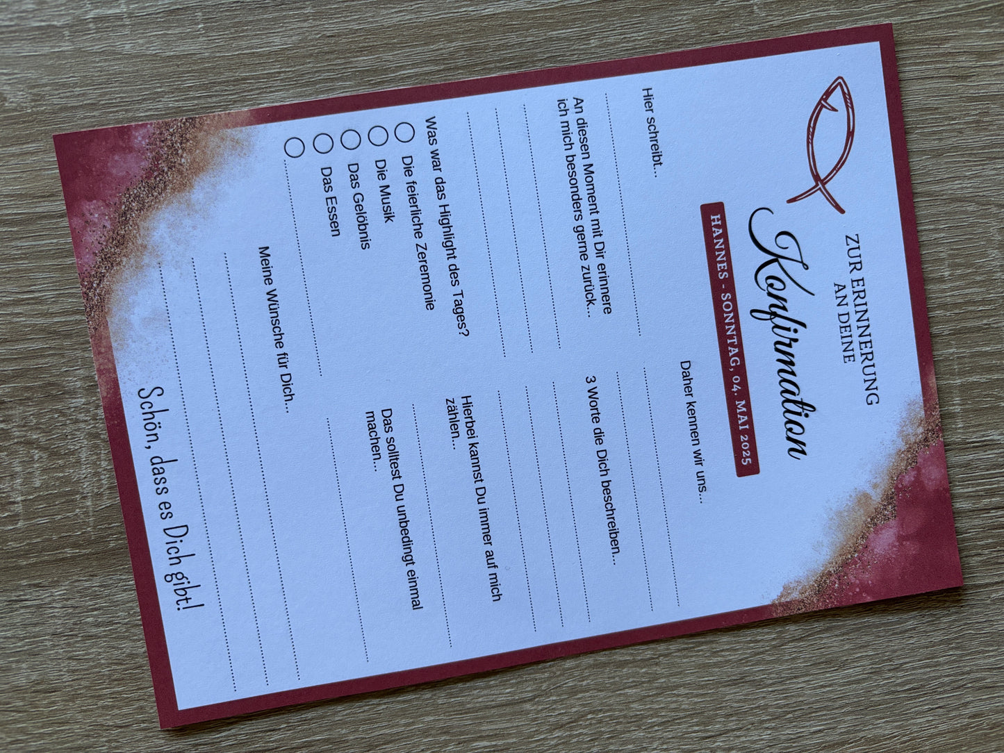 Personalisierte GĂ€stebuchkarten zur Konfirmation, Kommunion, Firmung, Jugendweihe oder Taufe - verschiedene Farben - MundS Design Shop