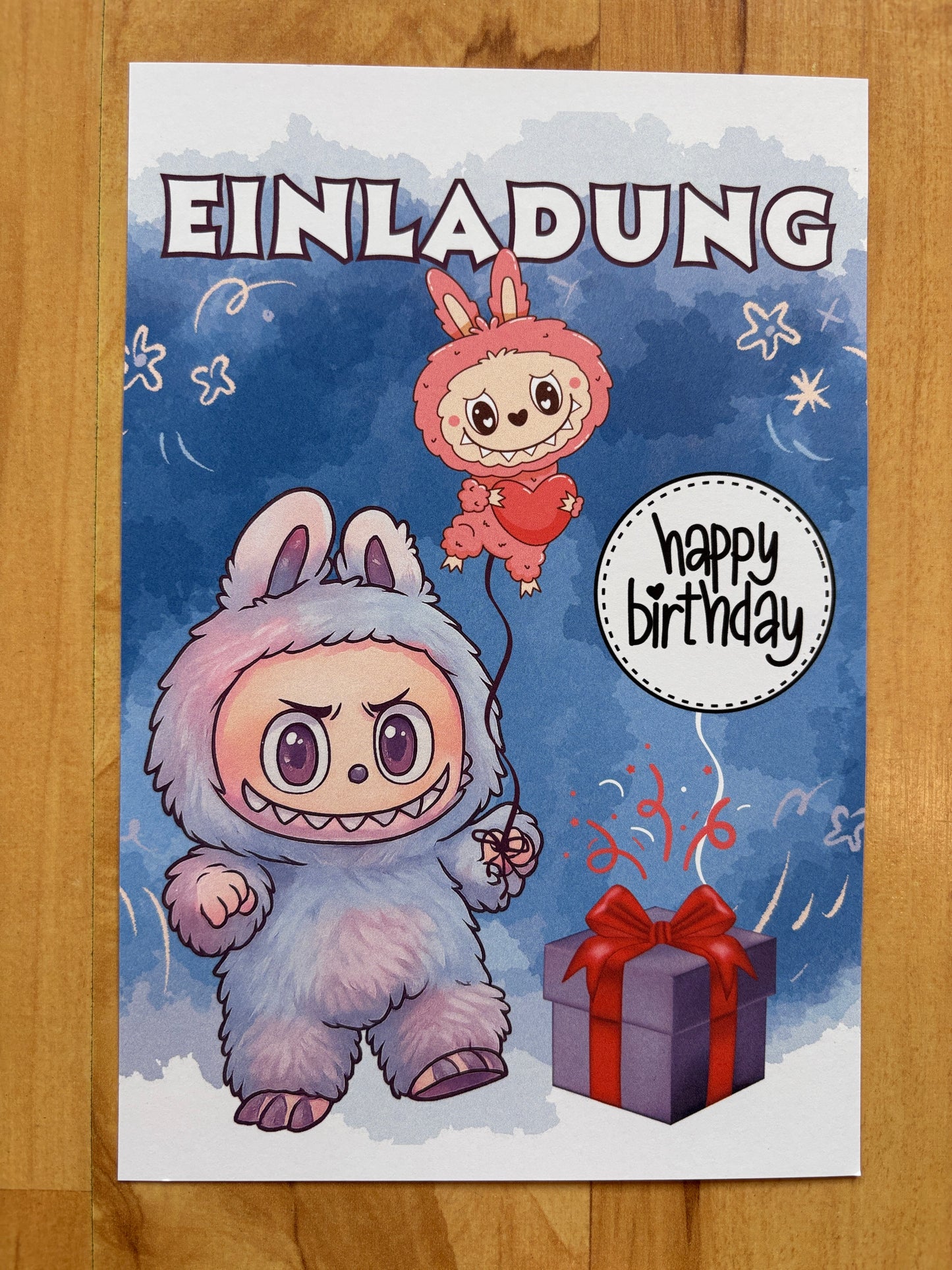 Einladungskarten Kindergeburtstag Labubu Design A5 | süße beidseitig bedruckte Karten auf 300g Papier | Party Einladungen Kinder - MundS Design Shop