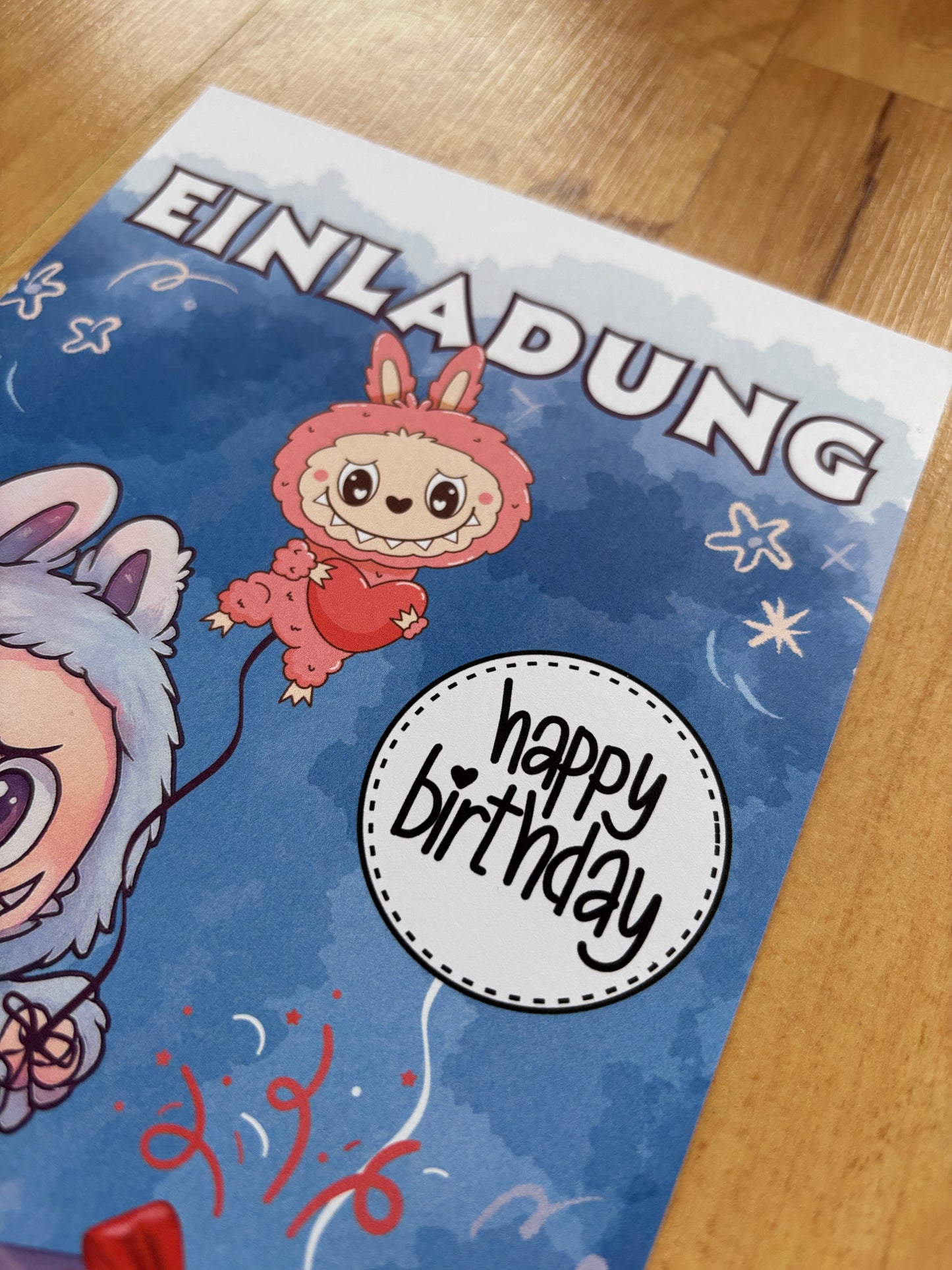 Einladungskarten Kindergeburtstag Labubu Design A5 | süße beidseitig bedruckte Karten auf 300g Papier | Party Einladungen Kinder - MundS Design Shop