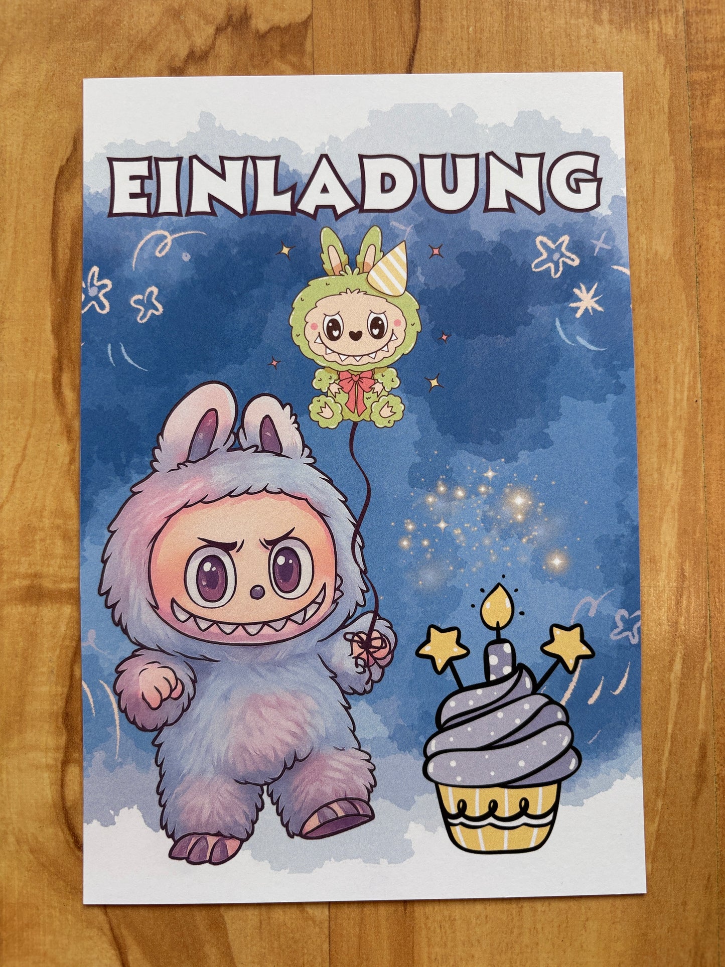 Einladungskarten Kindergeburtstag Labubu Design A5 | süße beidseitig bedruckte Karten auf 300g Papier | Party Einladungen Kinder - MundS Design Shop