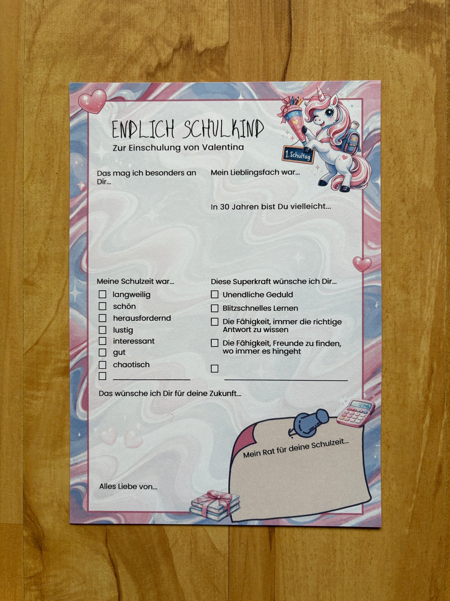 Personalisierte Gästebuchkarten zur Einschulung mit Einhorn | A5 Schulanfang Karten | 10–30 Stück | 200g oder 300g Papier - MundS Design Shop