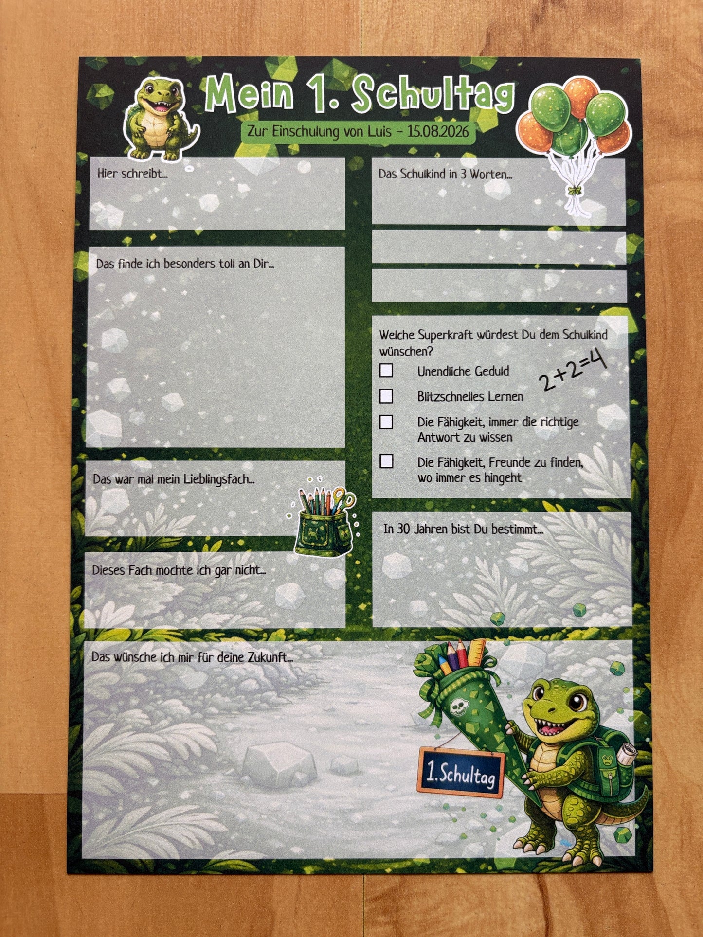 Personalisierte Dino Gästebuchkarten zur Einschulung mit Name & Datum – A5 Schulanfang Junge | 10–30 Stück | 200g oder 300g - MundS Design Shop
