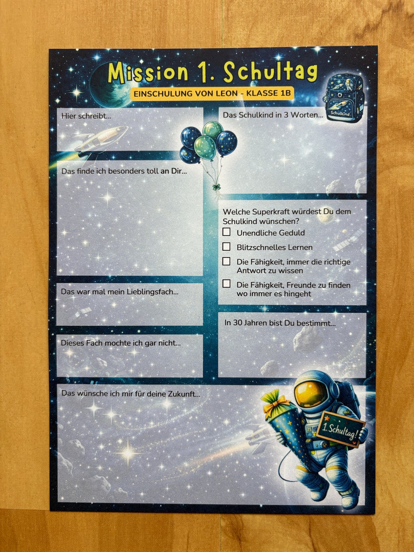 Personalisierte Weltraum Gästebuchkarten zur Einschulung mit Name & Klasse – Mission 1. Schultag A5 | 10–30 Stück - MundS Design Shop