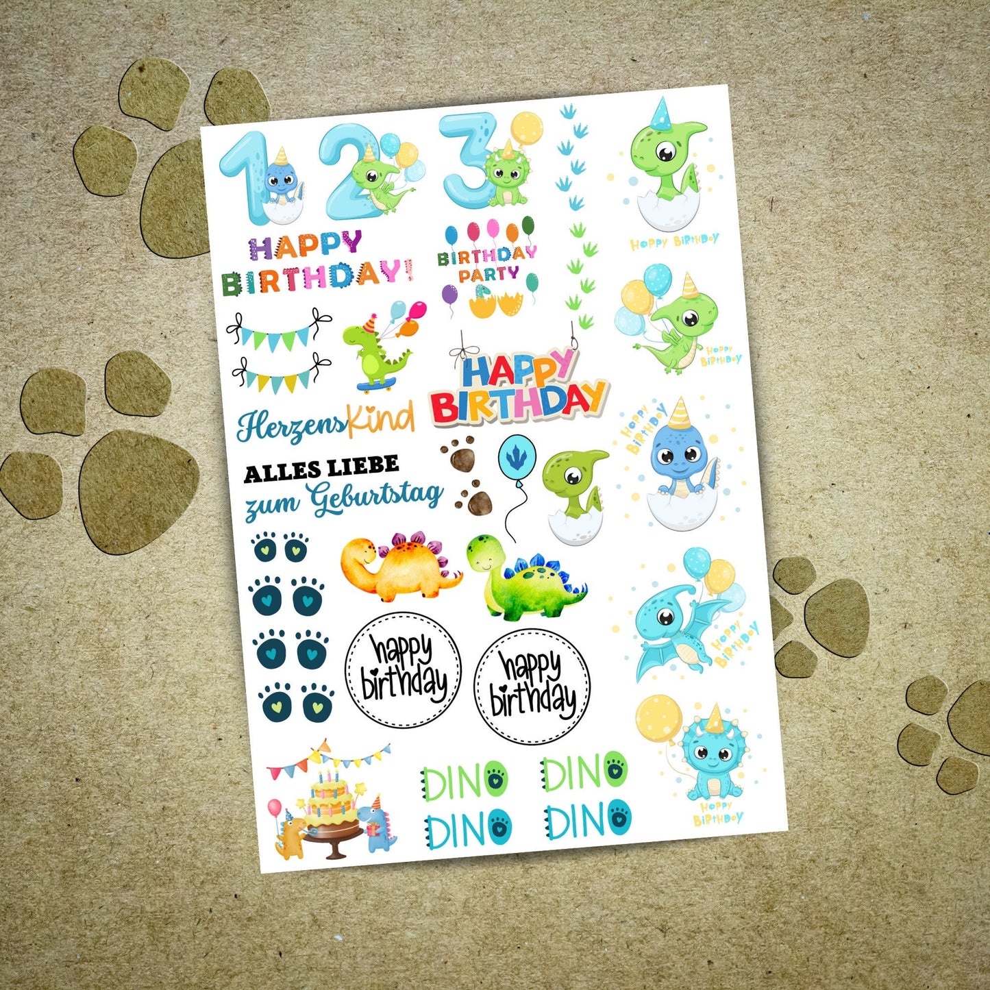 Dinosaurier Dino Kerzenfolie Kerzentattoos / Geburtstag Kindergeburtstag Party - Stickerbogen A4 DIY - MundS Design Shop