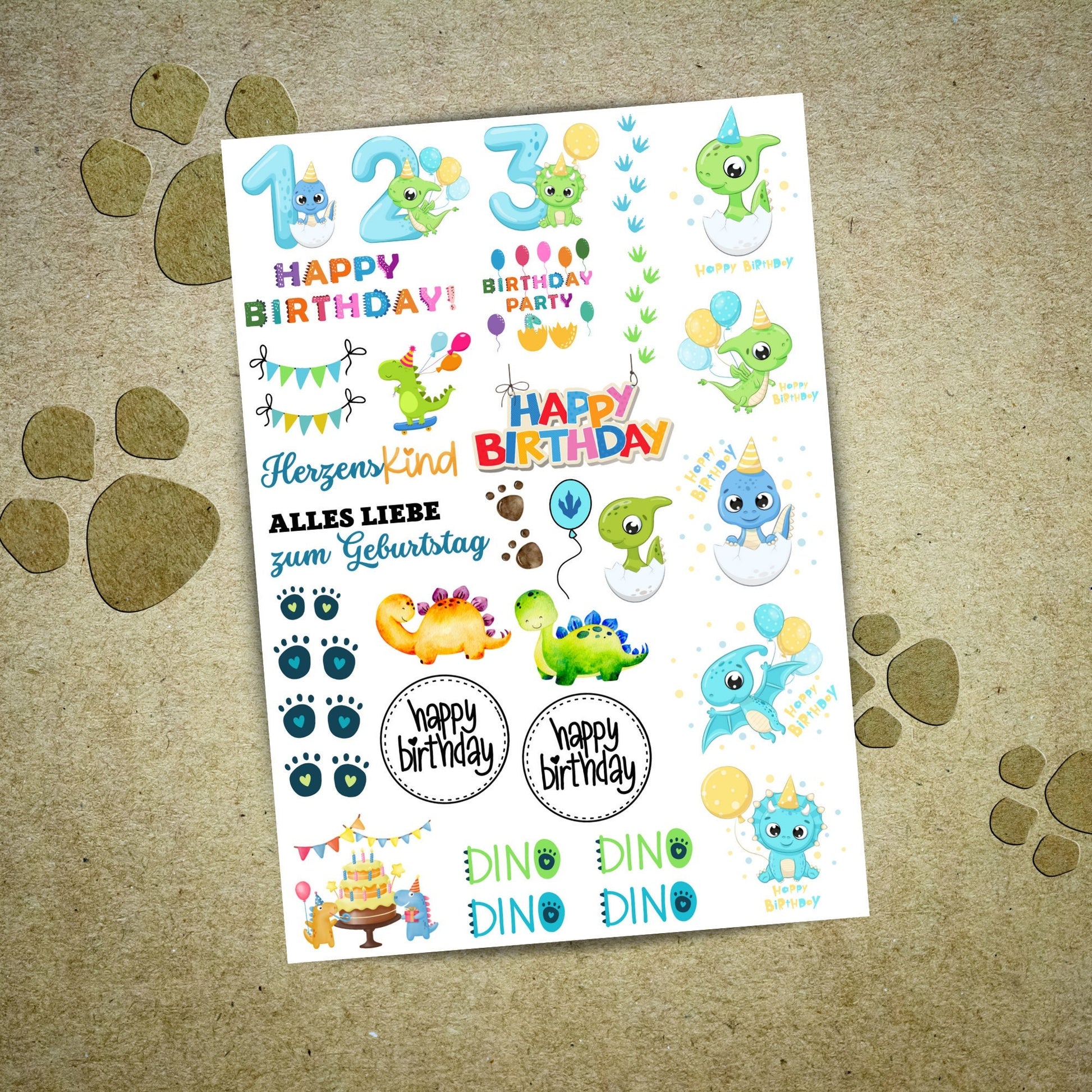 Dinosaurier Dino Kerzenfolie Kerzentattoos / Geburtstag Kindergeburtstag Party - Stickerbogen A4 DIY - MundS Design Shop