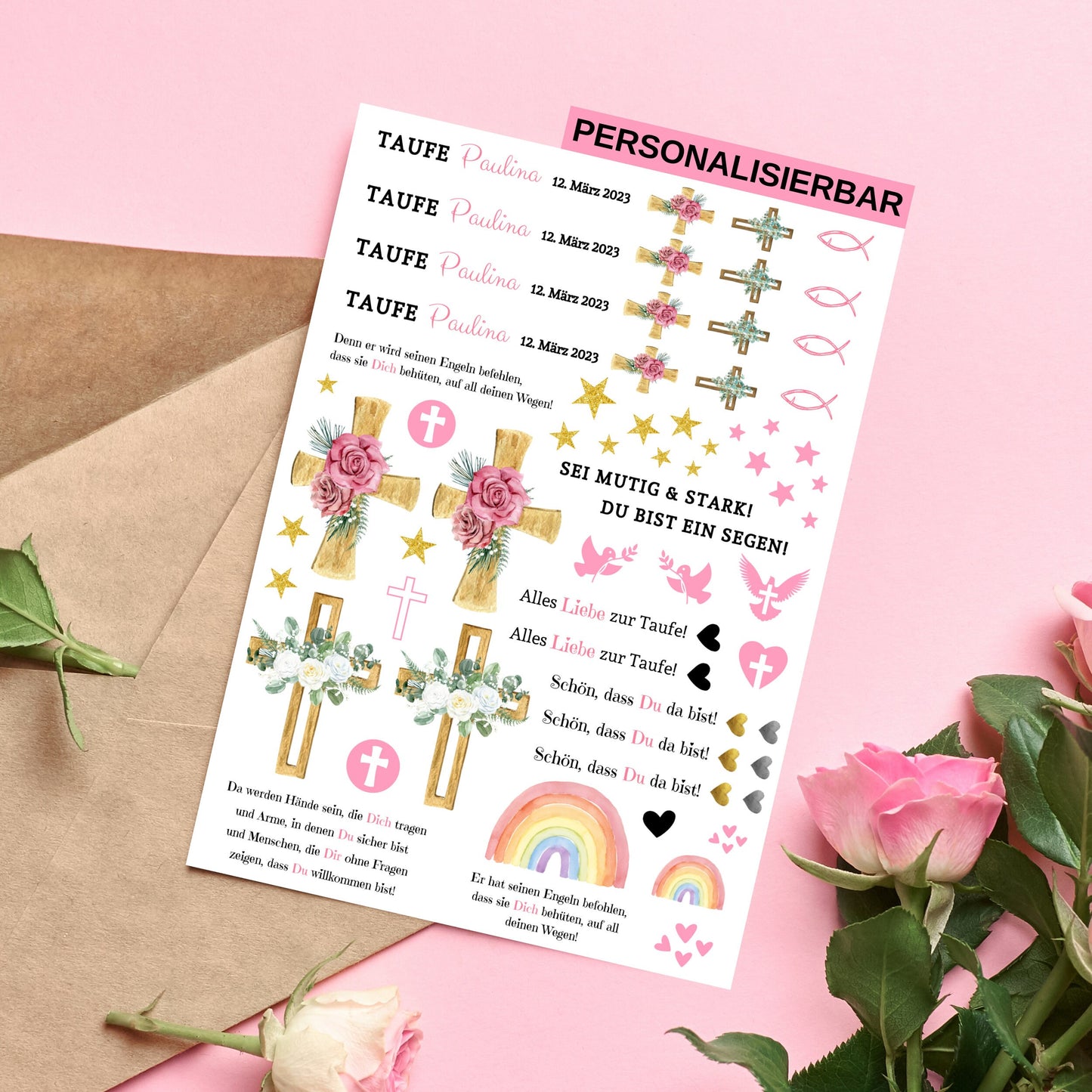 Kerzenfolie Taufe personalisiert, Kerzenfolien, Kerzentattoos, Taufkerze, Gastgeschenke, | DIY Format A4 - MundS Design Shop