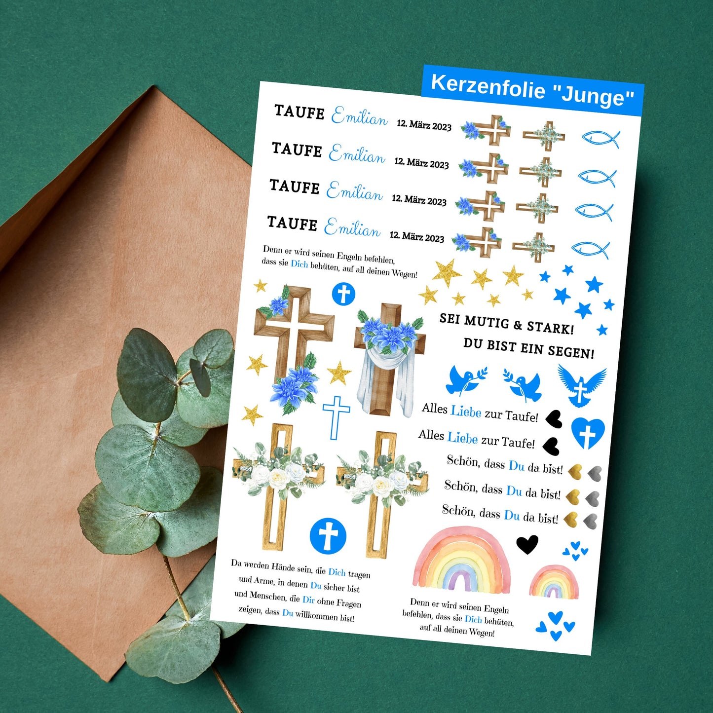 Kerzenfolie Taufe personalisiert, Kerzenfolien, Kerzentattoos, Taufkerze, Gastgeschenke, | DIY Format A4 - MundS Design Shop