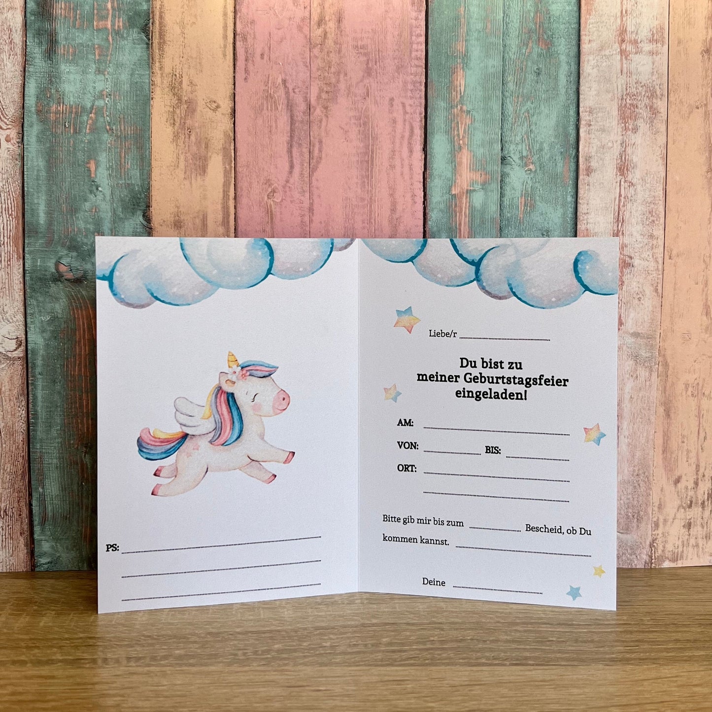 Einladungskarte als Klappkarte für Mädchen-Kindergeburtstag | Motiv Einhorn & Regenbogen - MundS Design Shop