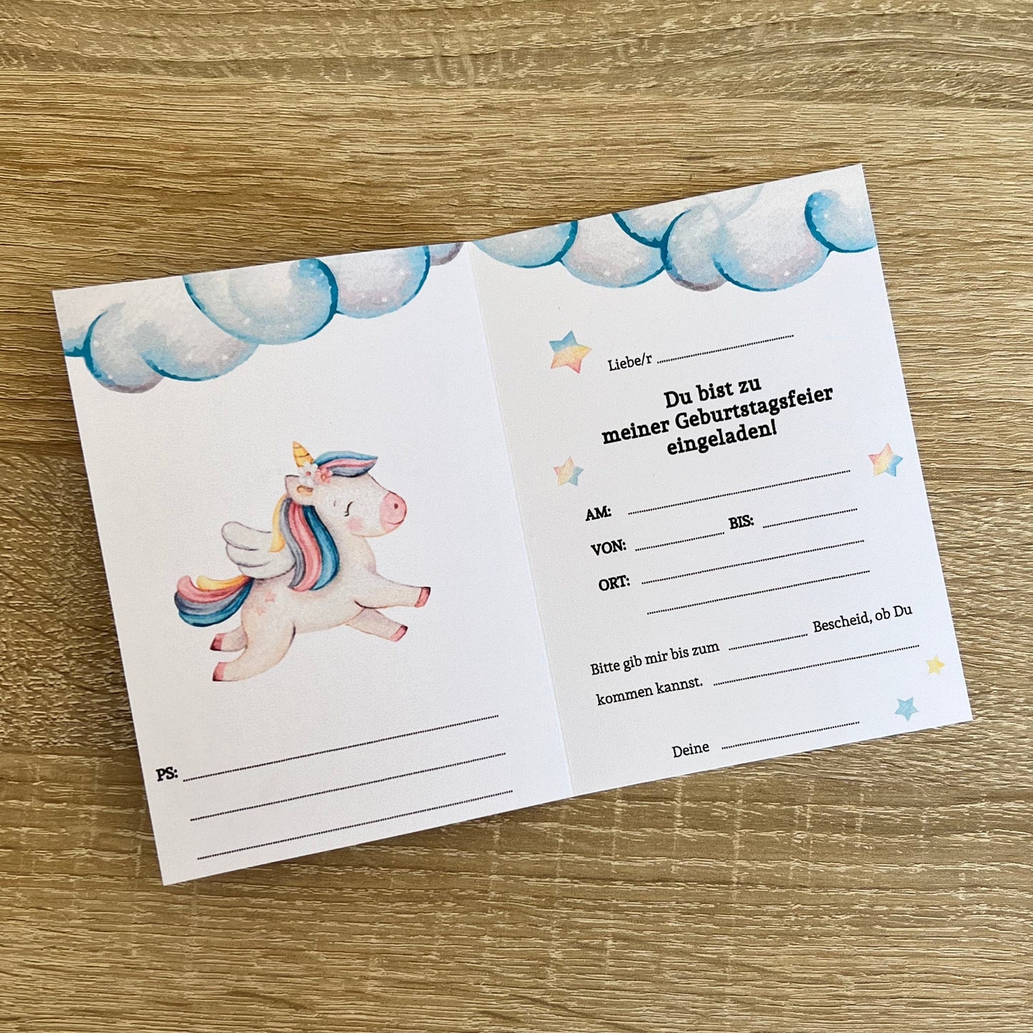 Einladungskarte als Klappkarte für Mädchen-Kindergeburtstag | Motiv Einhorn & Regenbogen - MundS Design Shop