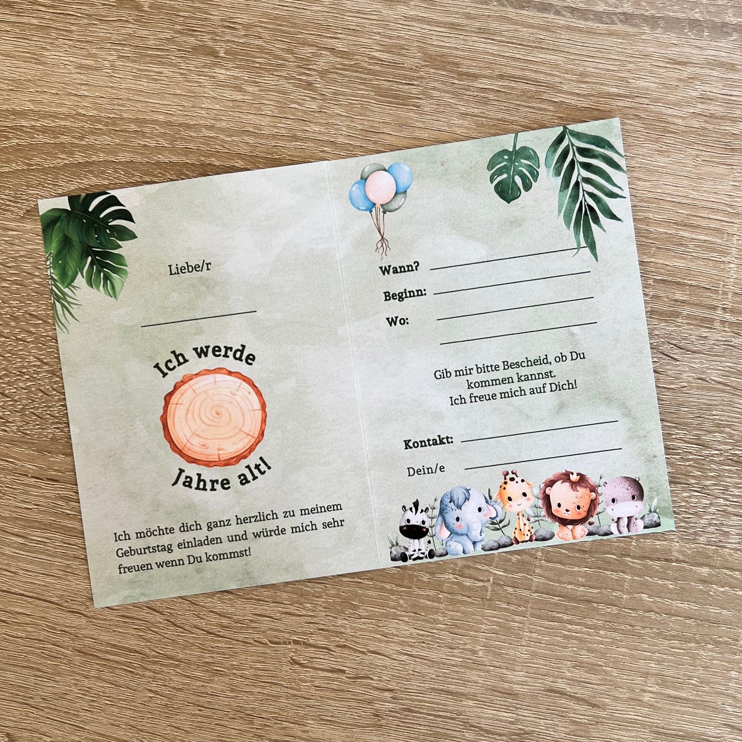 Einladungskarte als Klappkarte für Kindergeburtstag | Motiv Safari/Tiere - MundS Design Shop