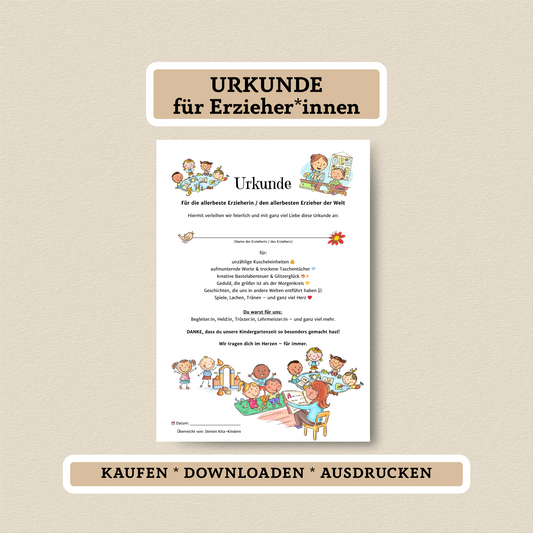 Niedliche Urkunde für Erzieher*innen – PDF zum Sofort-Download - MundS Design Shop