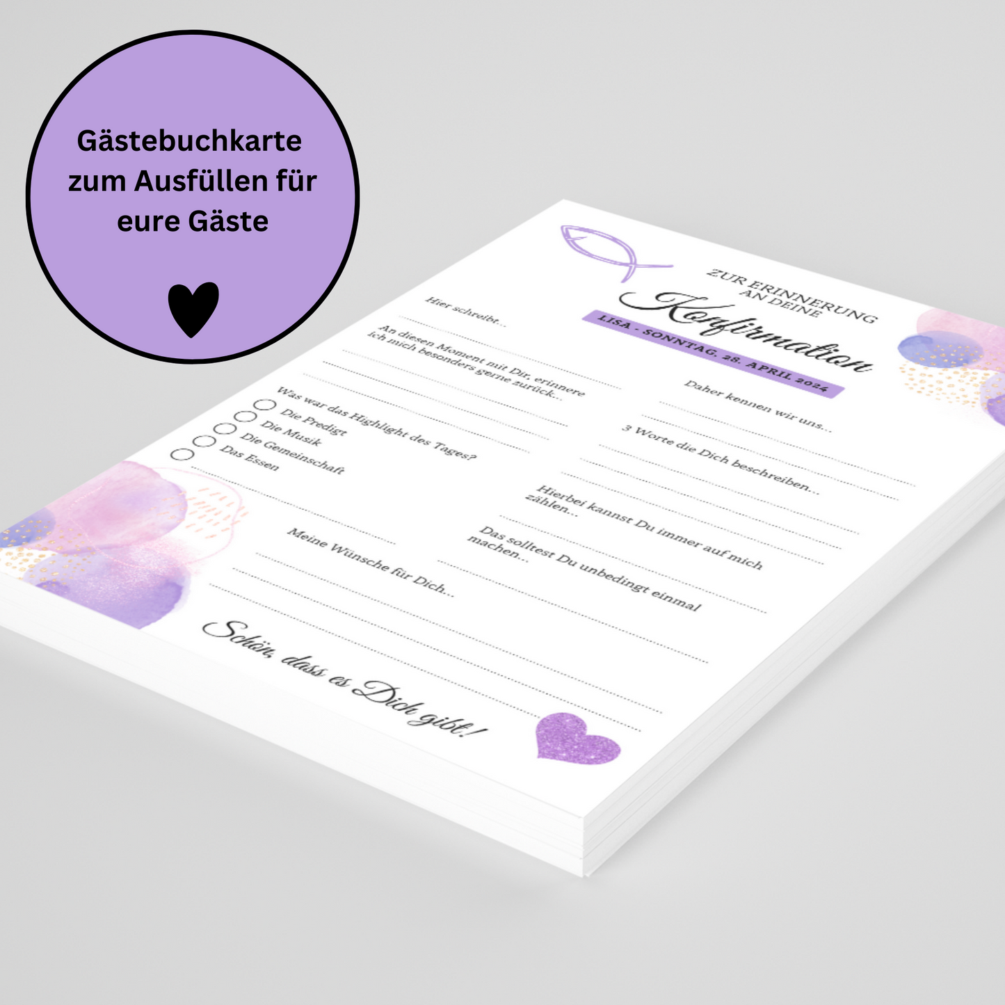 Gästebuchkarten lila für die Konfirmation, Kommunion oder Jugendweihe als Andenken / Erinnerungen - A5 - MundS Design Shop