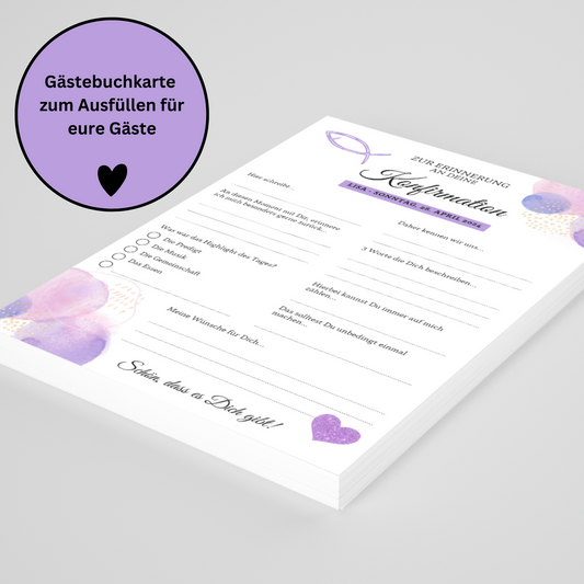 Gästebuchkarten lila für die Konfirmation, Kommunion oder Jugendweihe als Andenken / Erinnerungen - A5 - MundS Design Shop