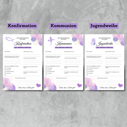 Gästebuchkarten lila für die Konfirmation, Kommunion oder Jugendweihe als Andenken / Erinnerungen - A5 - MundS Design Shop