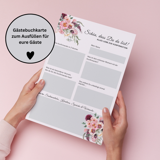 Gästebuchkarten Blumen-Stil für die Konfirmation, Kommunion oder Jugendweihe als Andenken / Erinnerungen - A5 - MundS Design Shop