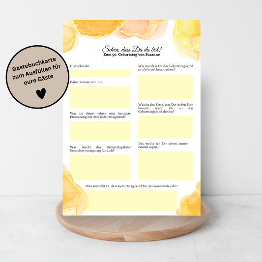 Gästebuchkarten gelb für den Geburtstag mit Fragen zum Ausfüllen / Spielideen / Andenken / Erinnerung - DIN A5 - MundS Design Shop