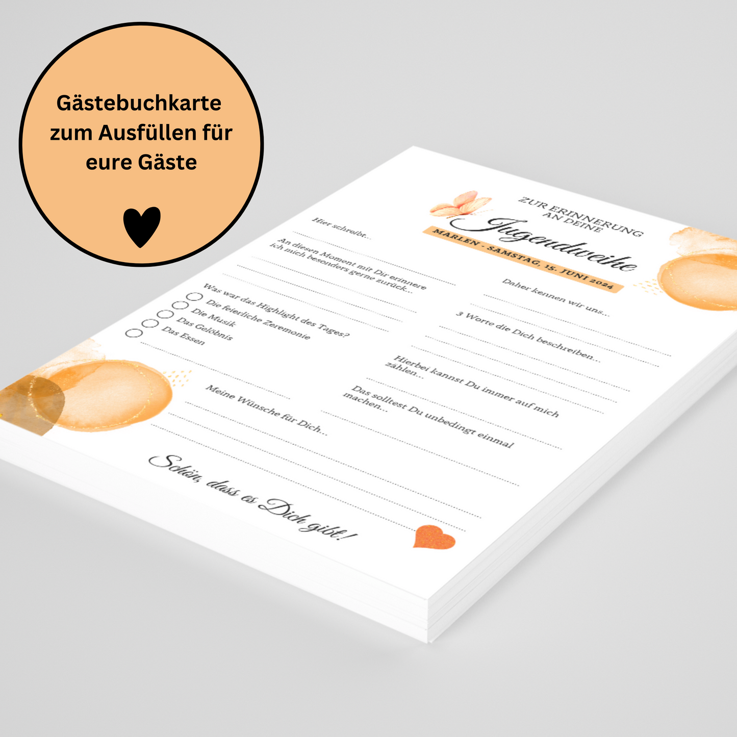 Gästebuchkarten orange für die Konfirmation, Kommunion oder Jugendweihe als Andenken / Erinnerungen - A5 - MundS Design Shop