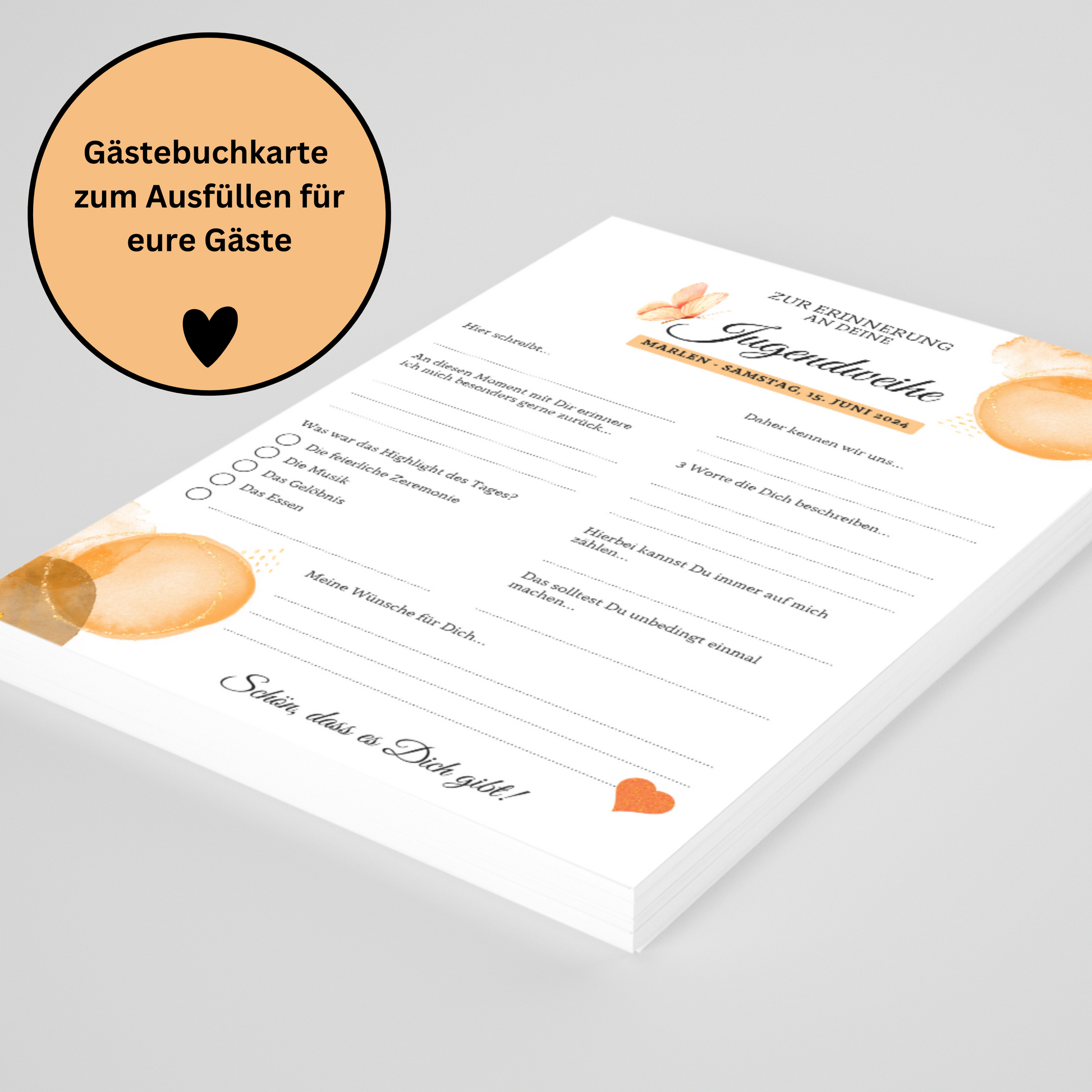 Gästebuchkarten orange für die Konfirmation, Kommunion oder Jugendweihe als Andenken / Erinnerungen - A5 - MundS Design Shop