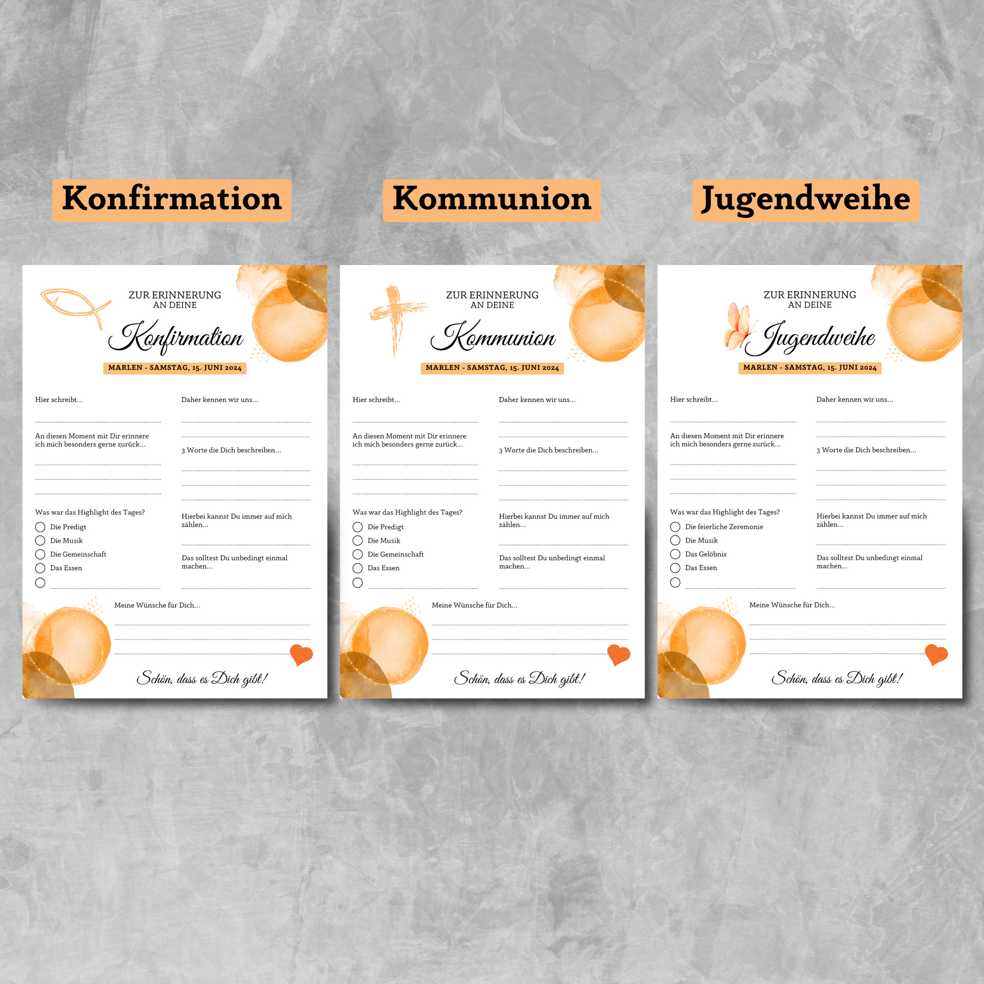 Gästebuchkarten orange für die Konfirmation, Kommunion oder Jugendweihe als Andenken / Erinnerungen - A5 - MundS Design Shop